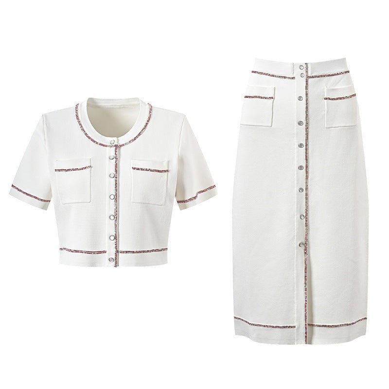 Tecla Cropped Top and High - Waisted Skirt Set - Button - Up Design with Pockets and Contrast Trim
