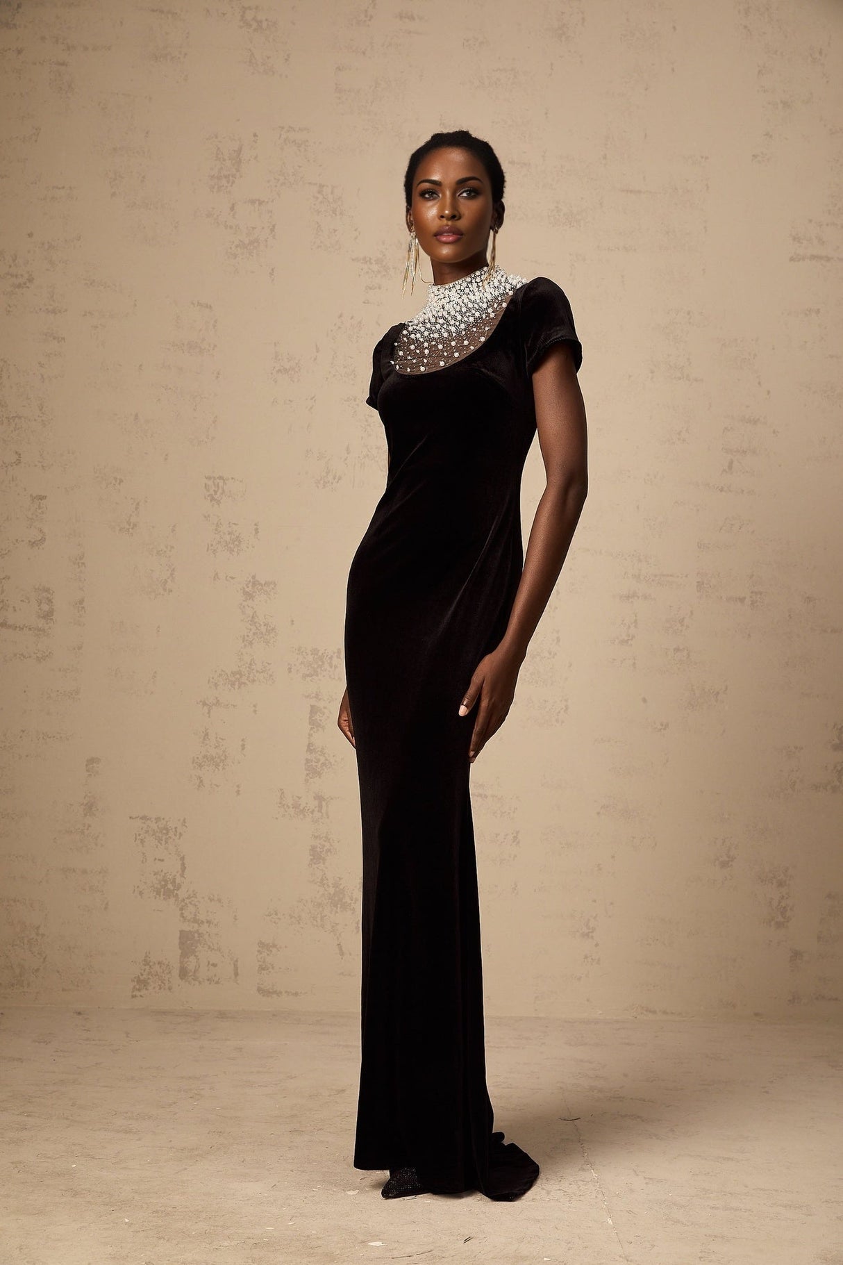 Tenley Maxi Dress in Classic Black Velvet with Faux - Pearl Embellishment