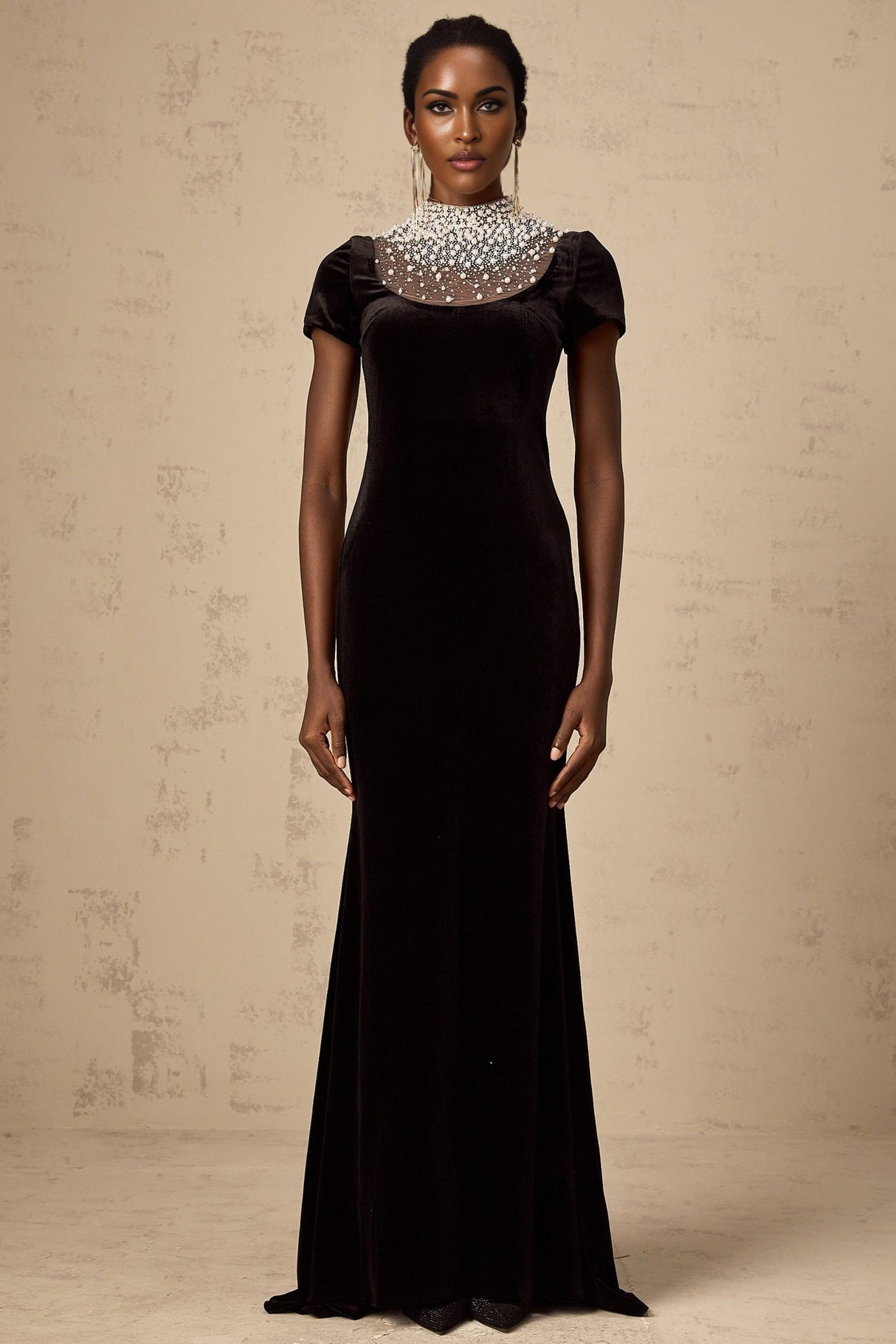 Tenley Maxi Dress in Classic Black Velvet with Faux - Pearl Embellishment