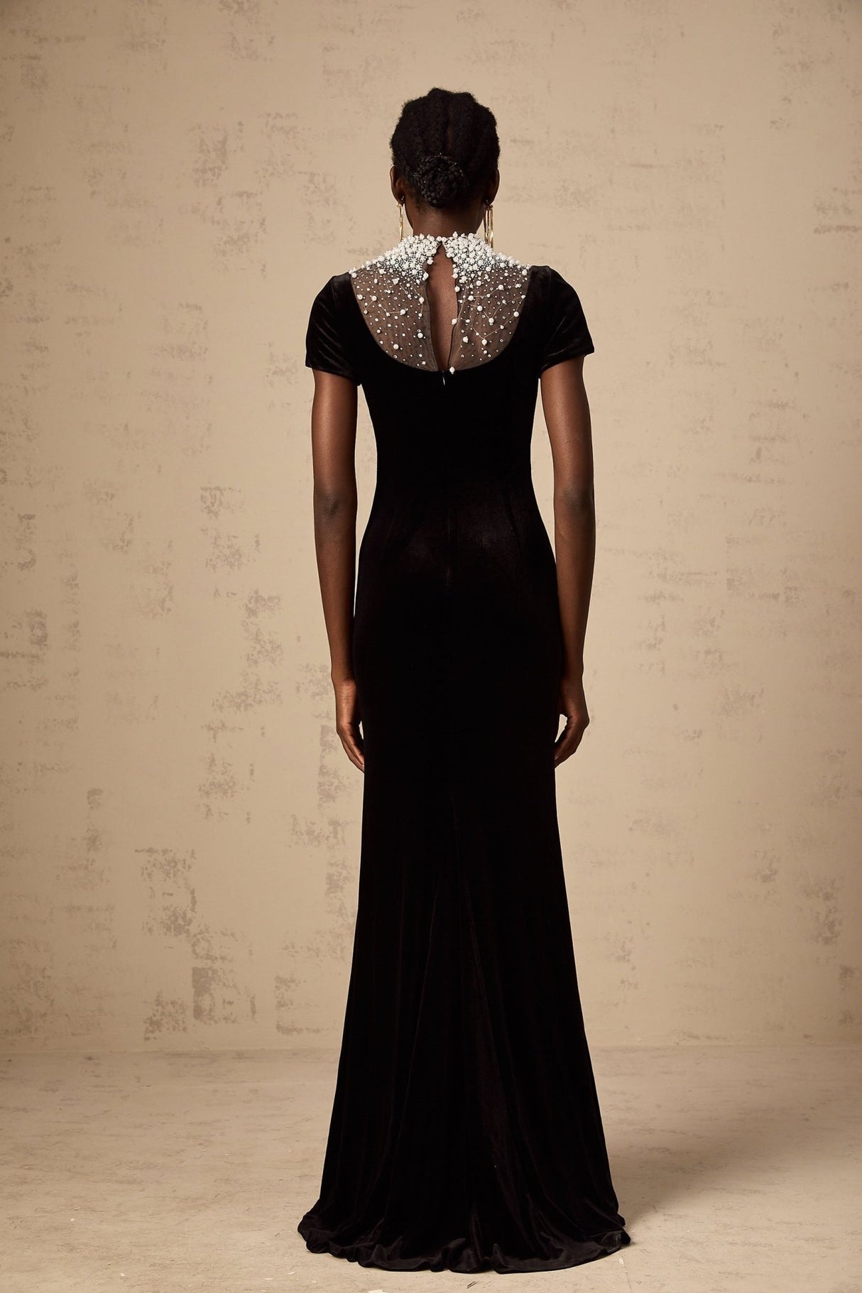 Tenley Maxi Dress in Classic Black Velvet with Faux - Pearl Embellishment