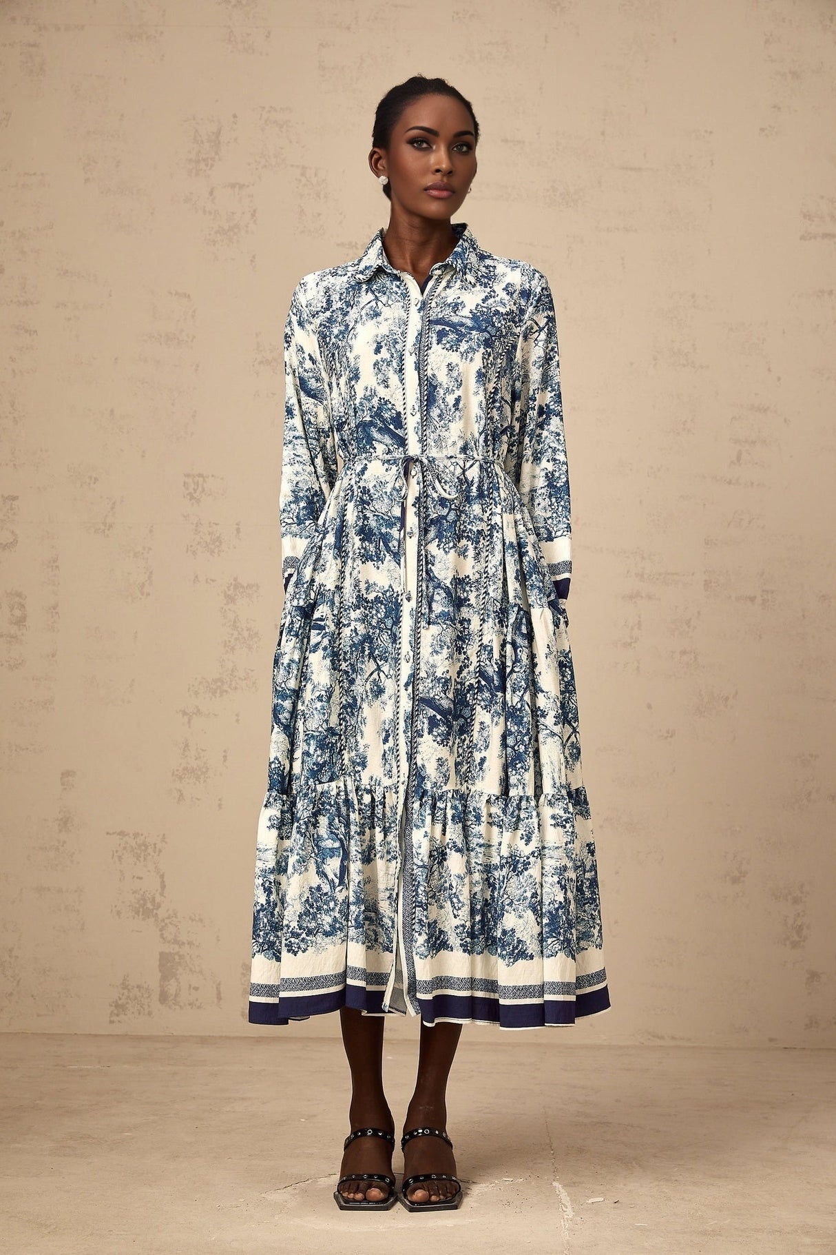 Tenley Midi Dress Graphic Print Blue & White Tied Waist Pleated