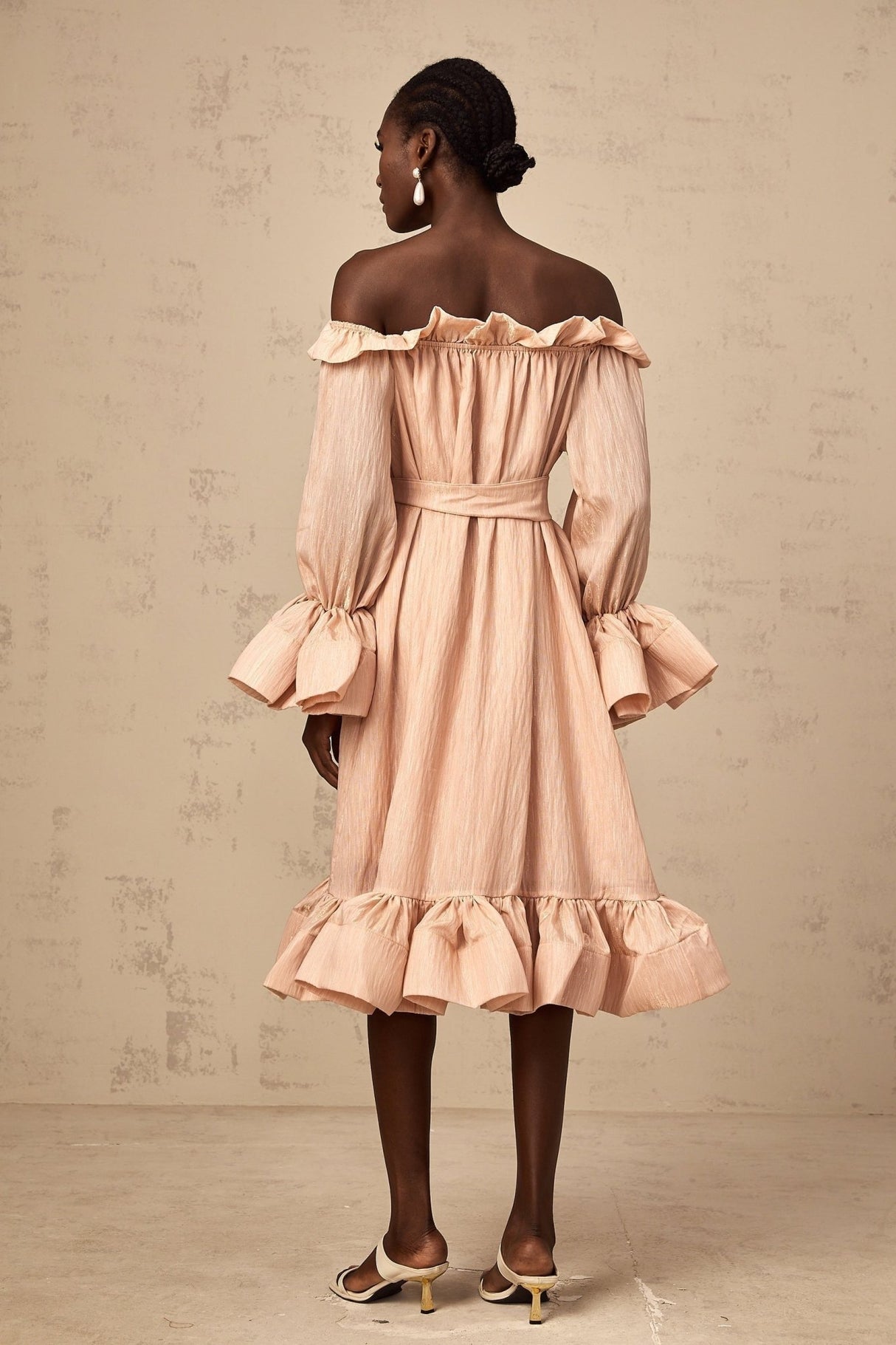 Tenley Midi Dress Pink Offshoulder Ruffled Waist Tie Calf Length