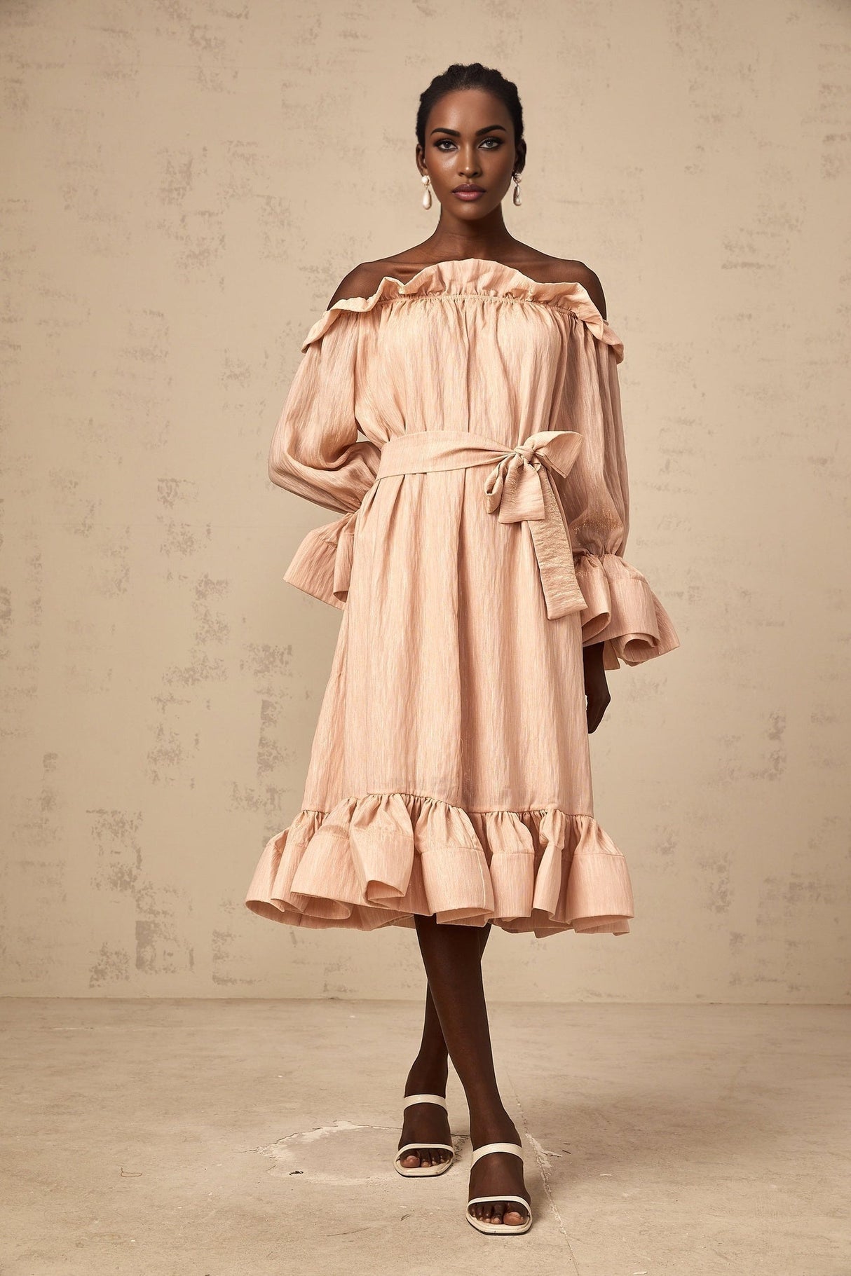 Tenley Midi Dress Pink Offshoulder Ruffled Waist Tie Calf Length