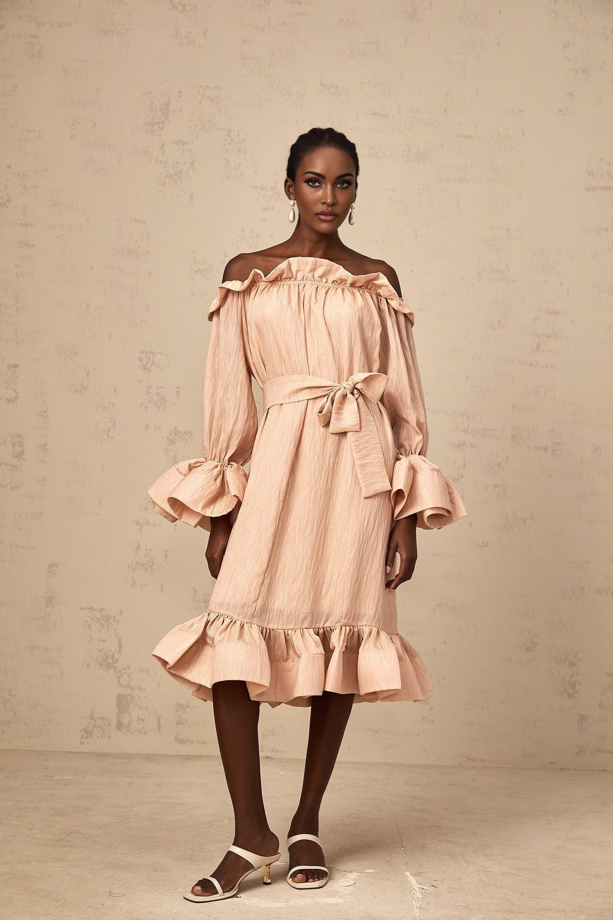 Tenley Midi Dress Pink Offshoulder Ruffled Waist Tie Calf Length