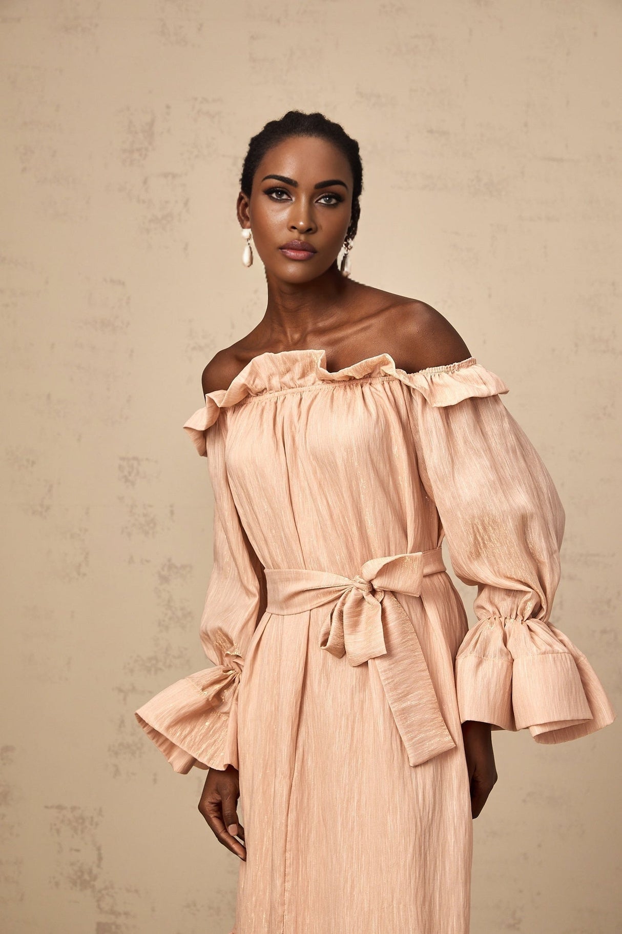 Tenley Midi Dress Pink Offshoulder Ruffled Waist Tie Calf Length
