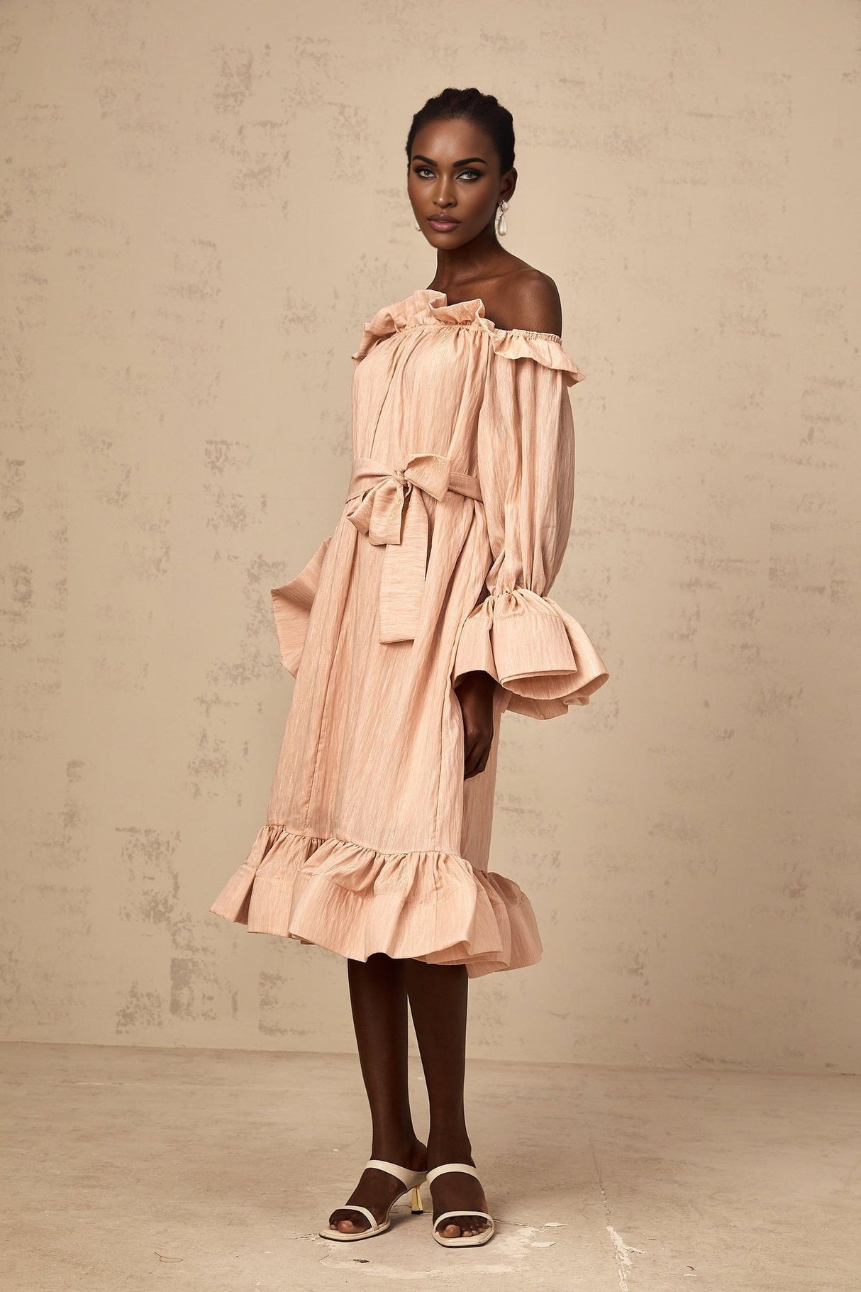 Tenley Midi Dress Pink Offshoulder Ruffled Waist Tie Calf Length