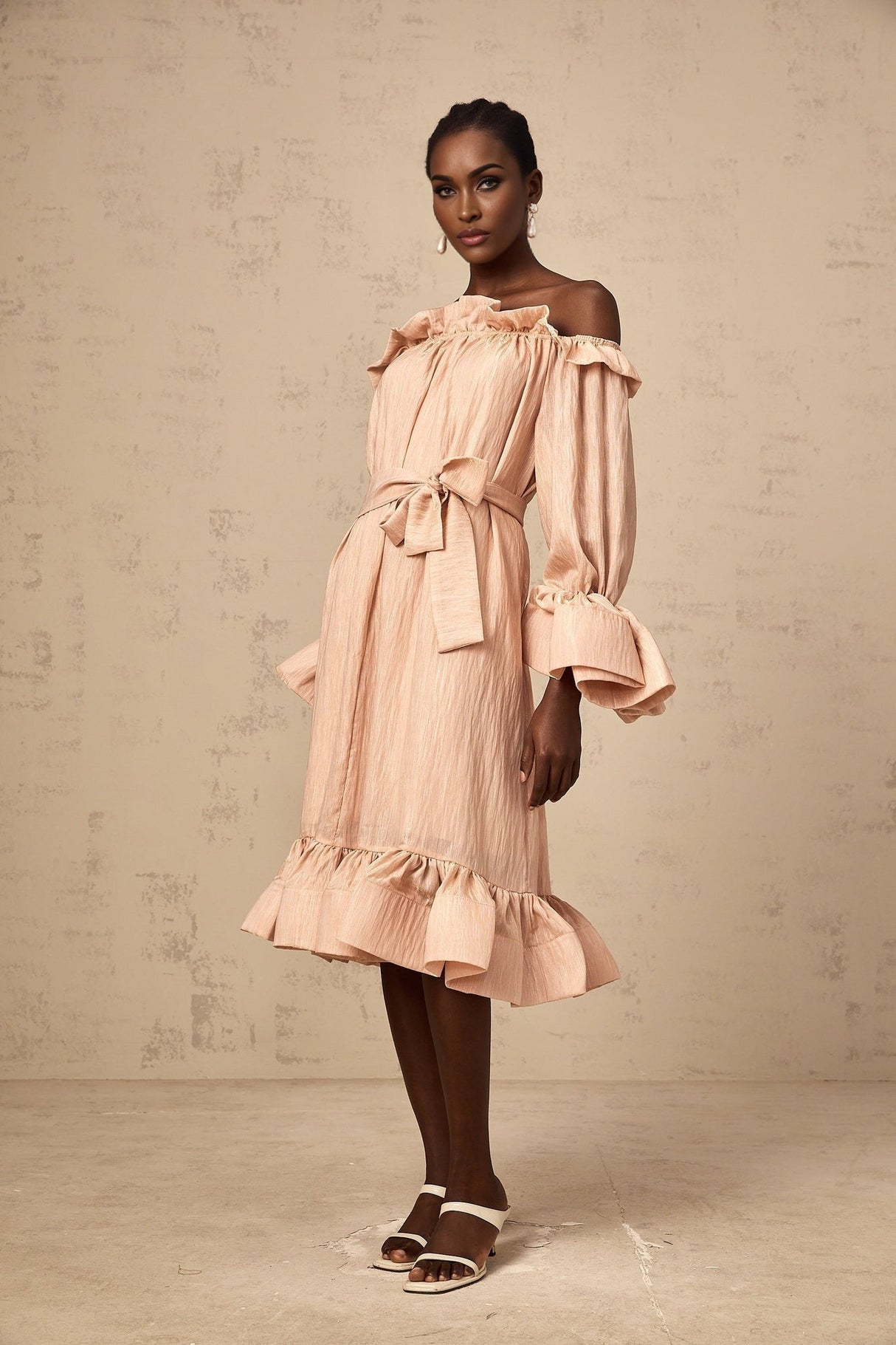 Tenley Midi Dress Pink Offshoulder Ruffled Waist Tie Calf Length