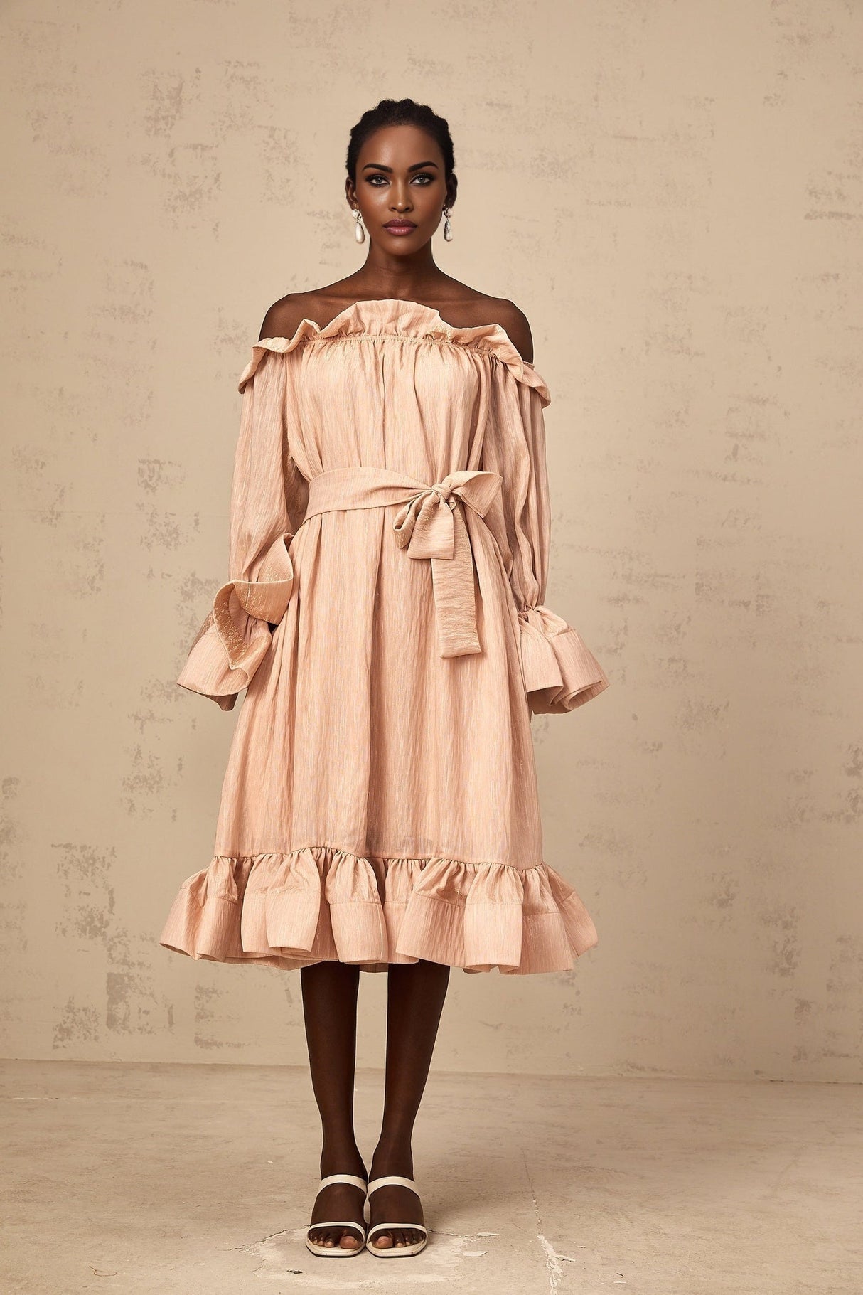 Tenley Midi Dress Pink Offshoulder Ruffled Waist Tie Calf Length