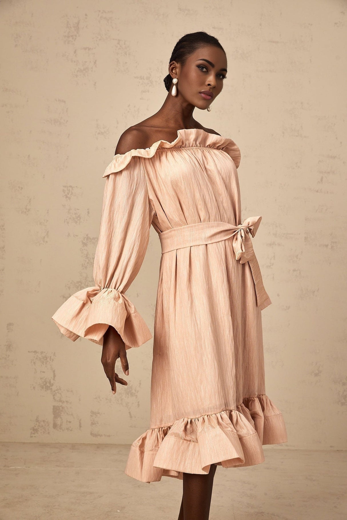 Tenley Midi Dress Pink Offshoulder Ruffled Waist Tie Calf Length