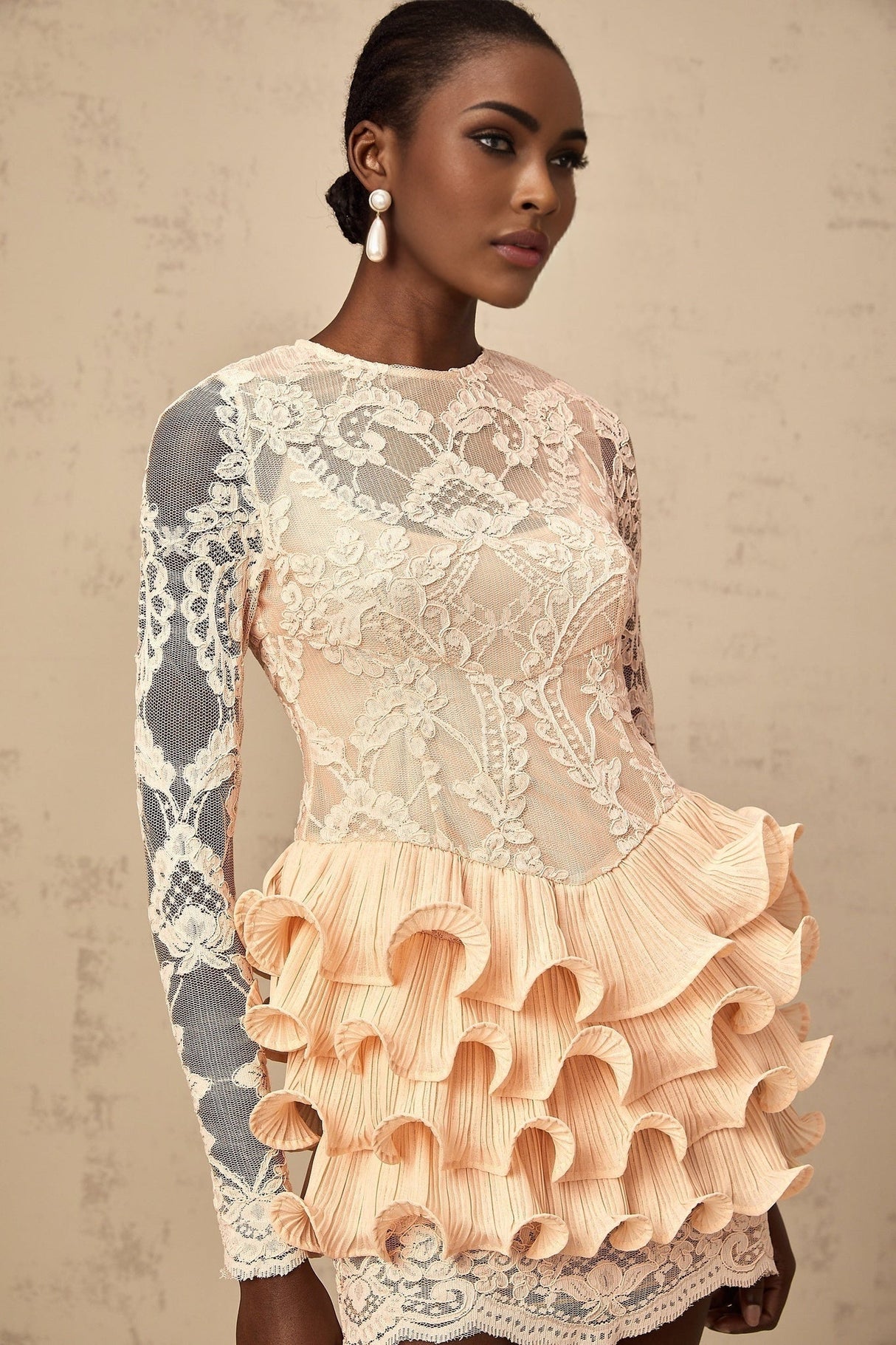 Tenley Mini Dress Peach Lace Tiered Ruffle Floral Embellishments