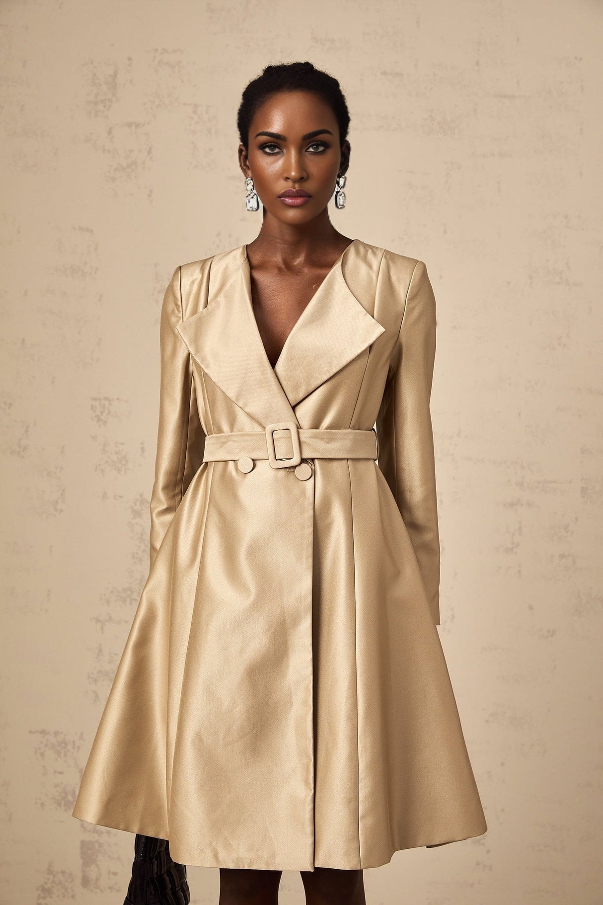 Teresa Coat Satin Finish V - Neck Lapels Belted Waist