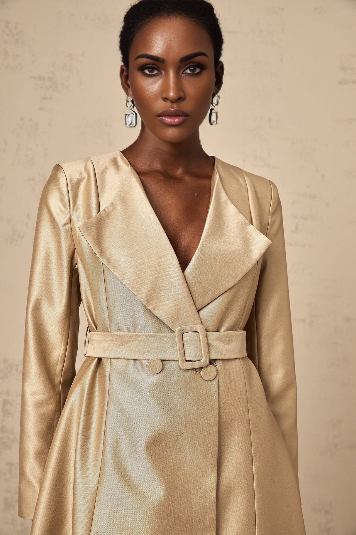 Teresa Coat Satin Finish V - Neck Lapels Belted Waist