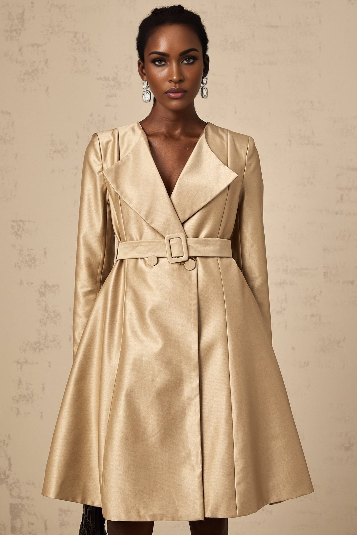 Teresa Coat Satin Finish V - Neck Lapels Belted Waist