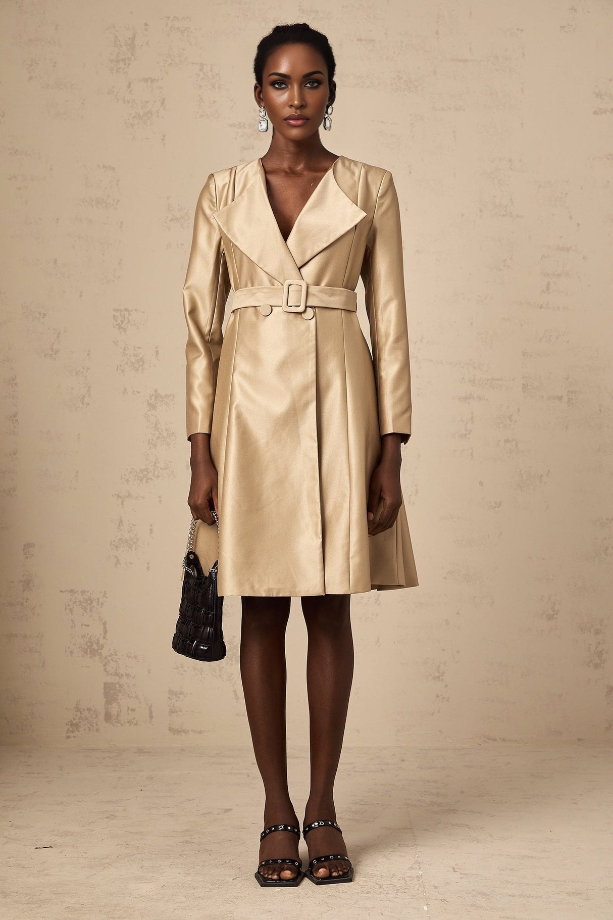 Teresa Coat Satin Finish V - Neck Lapels Belted Waist