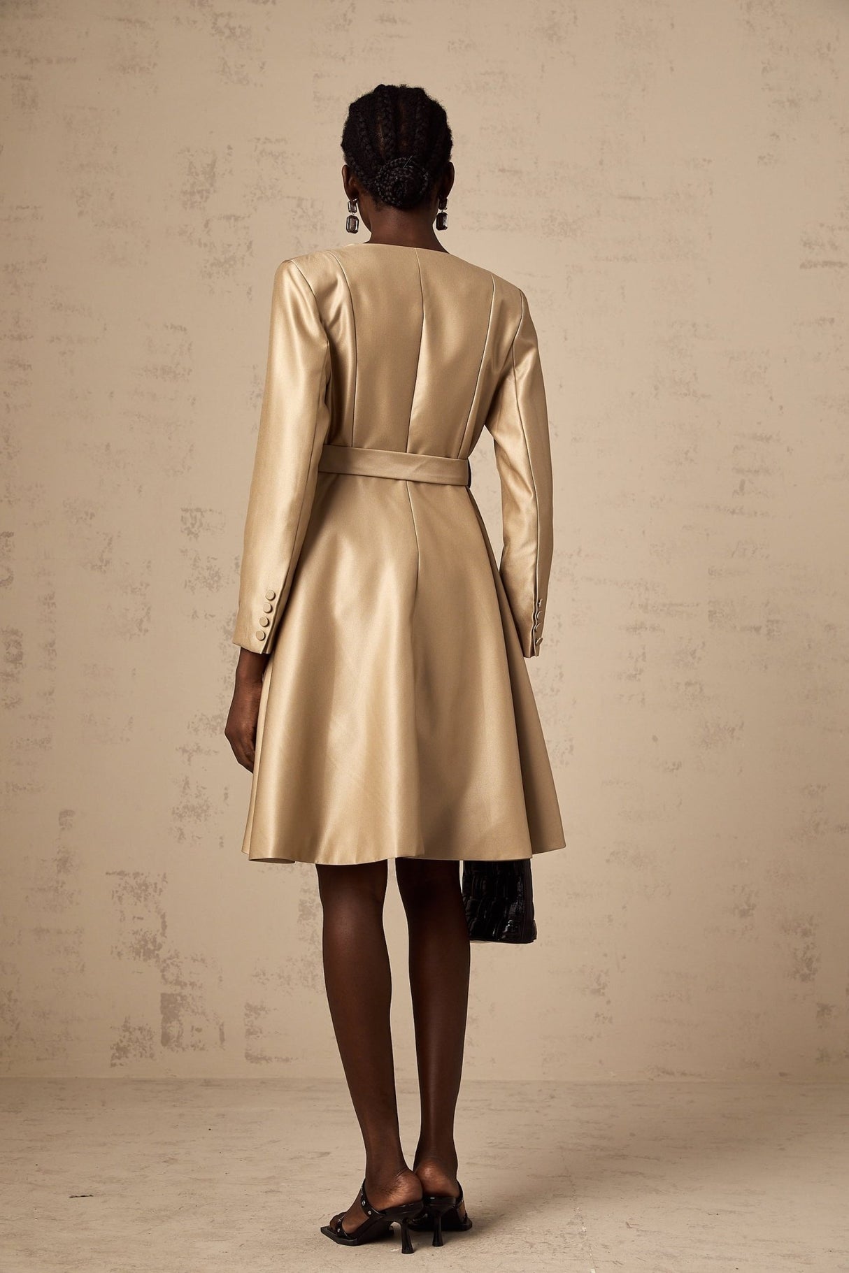 Teresa Coat Satin Finish V - Neck Lapels Belted Waist