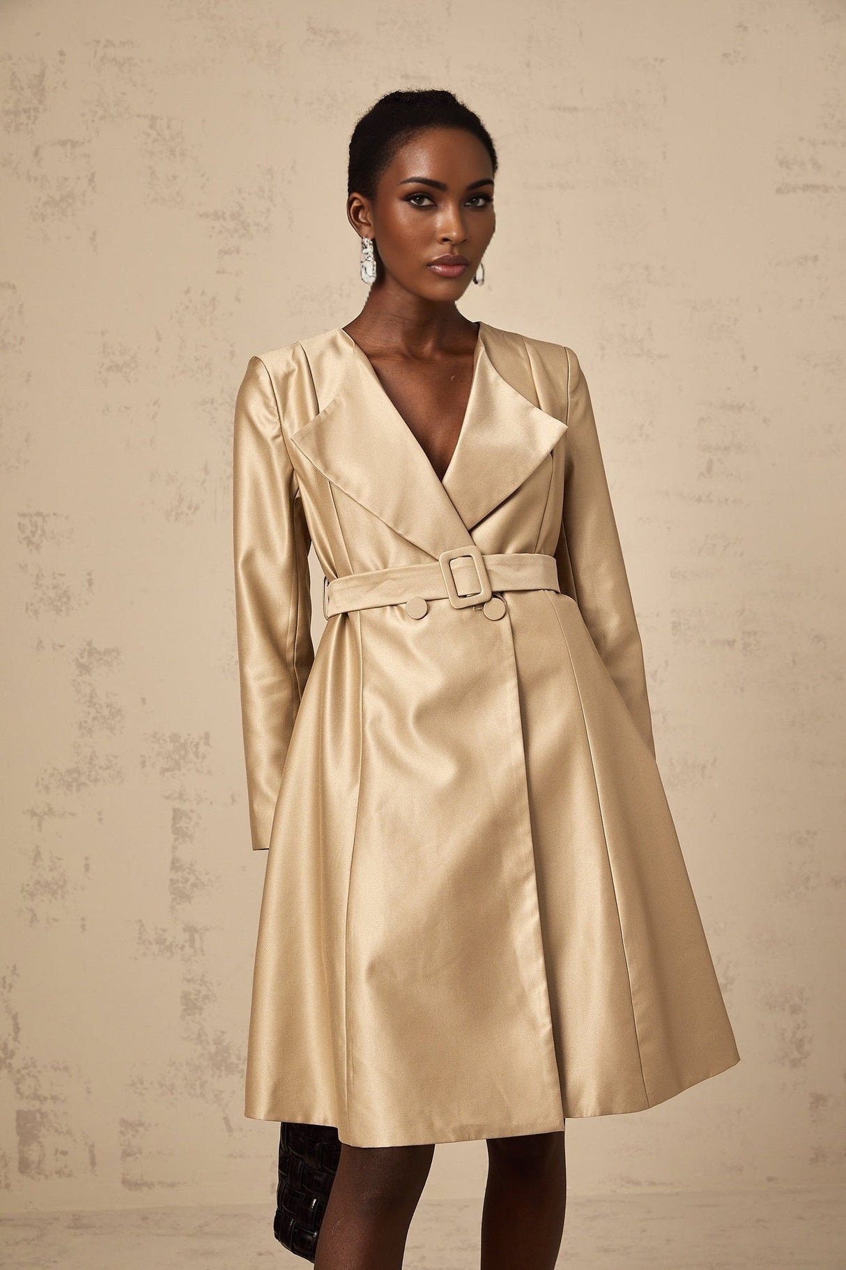 Teresa Coat Satin Finish V - Neck Lapels Belted Waist
