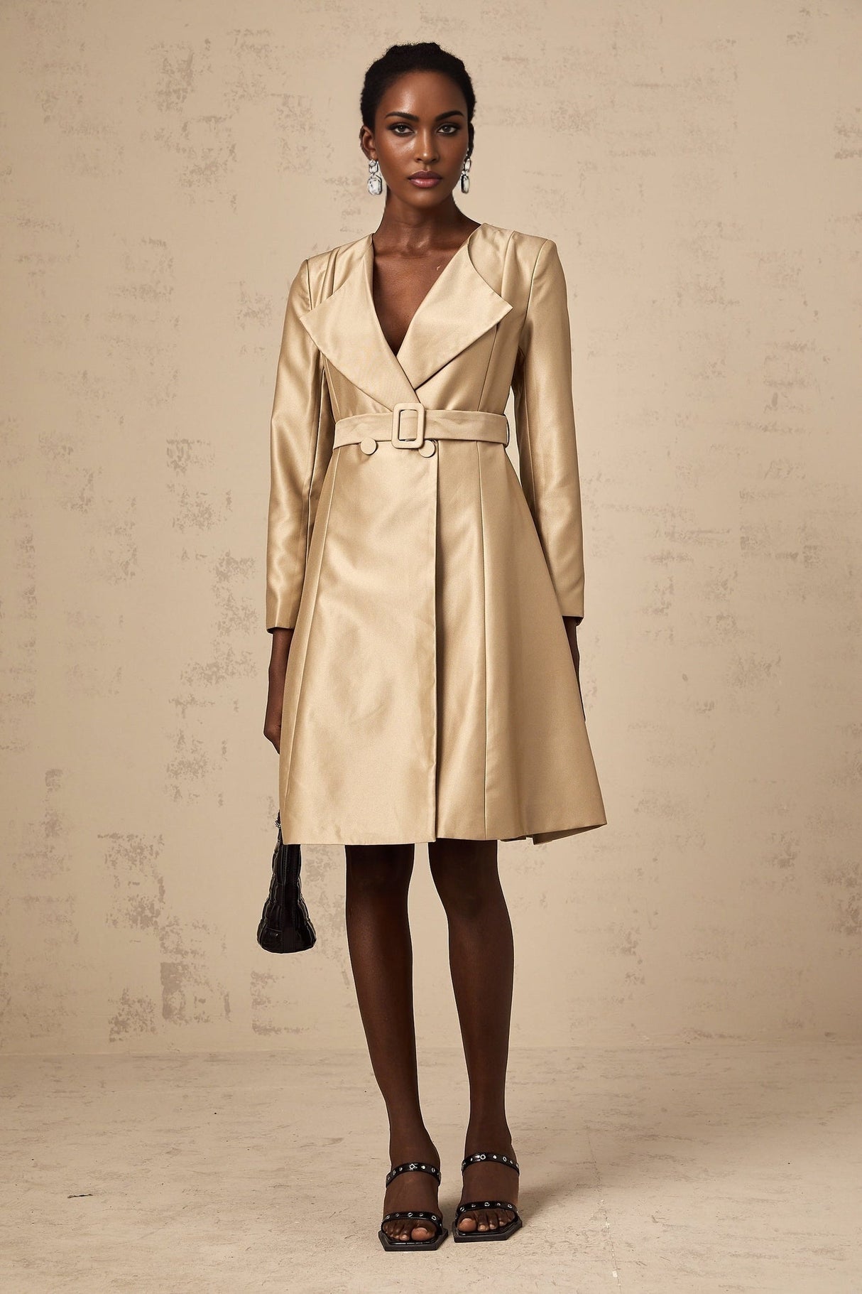 Teresa Coat Satin Finish V - Neck Lapels Belted Waist