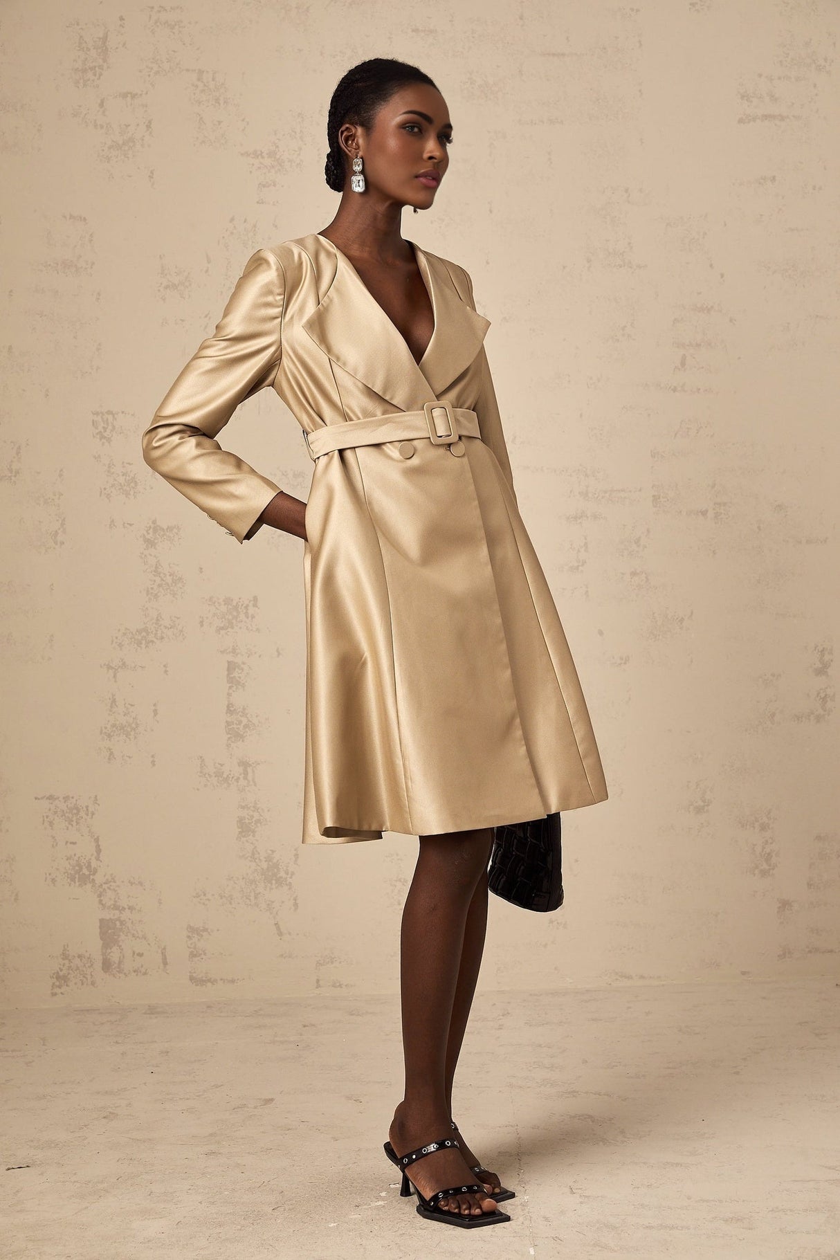 Teresa Coat Satin Finish V - Neck Lapels Belted Waist
