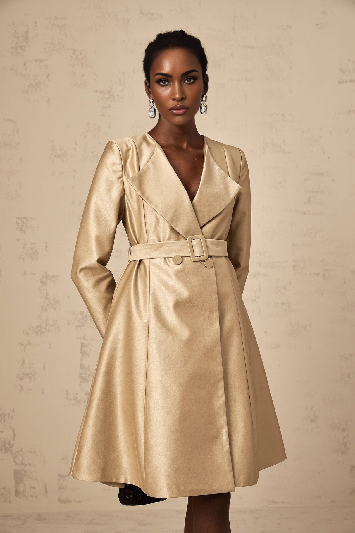 Teresa Coat Satin Finish V - Neck Lapels Belted Waist