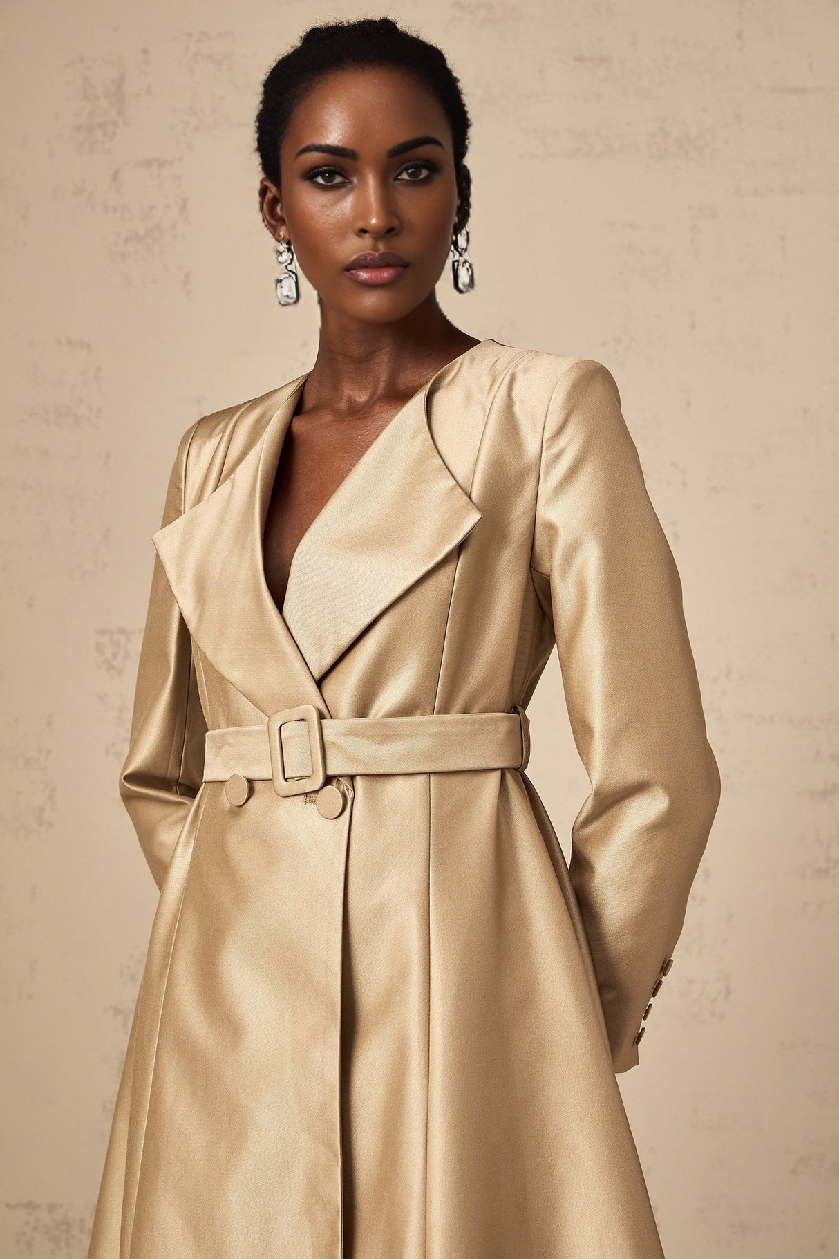 Teresa Coat Satin Finish V - Neck Lapels Belted Waist
