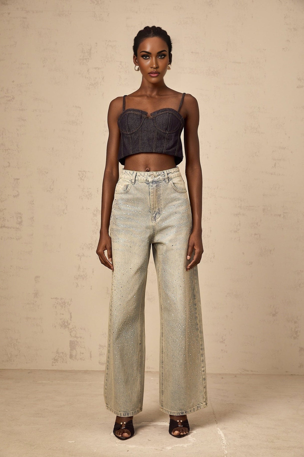 Teresa Denim Jeans Light Blue Rhinestone Wide Leg