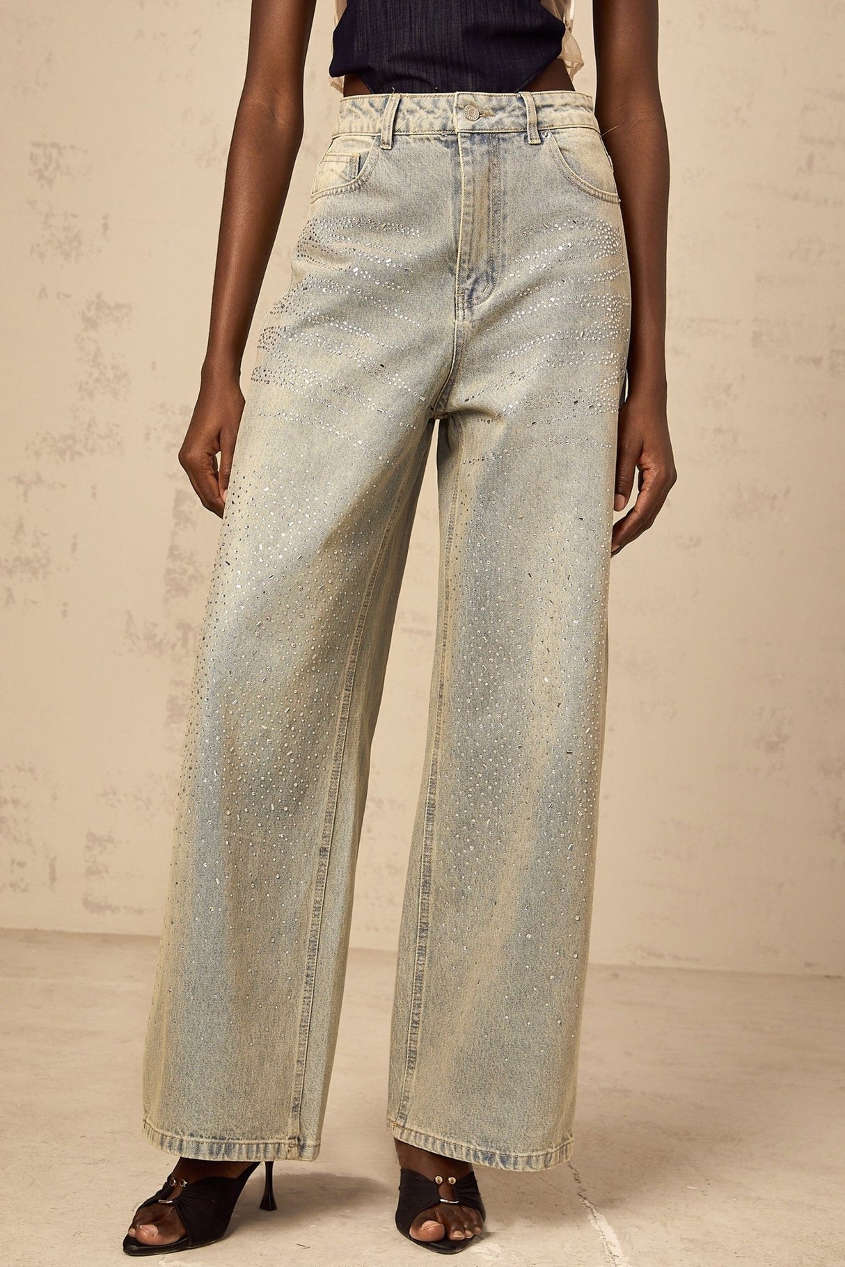 Teresa Denim Jeans Light Blue Rhinestone Wide Leg