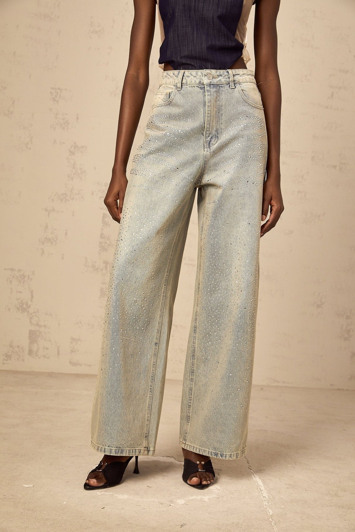 Teresa Denim Jeans Light Blue Rhinestone Wide Leg