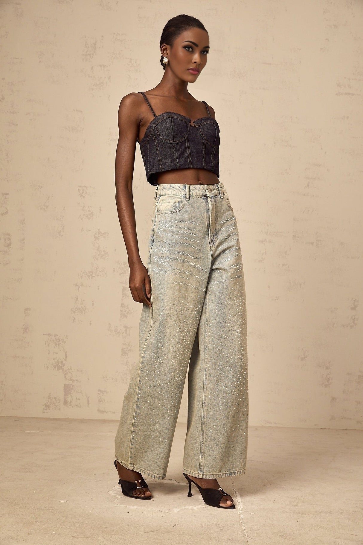 Teresa Denim Jeans Light Blue Rhinestone Wide Leg