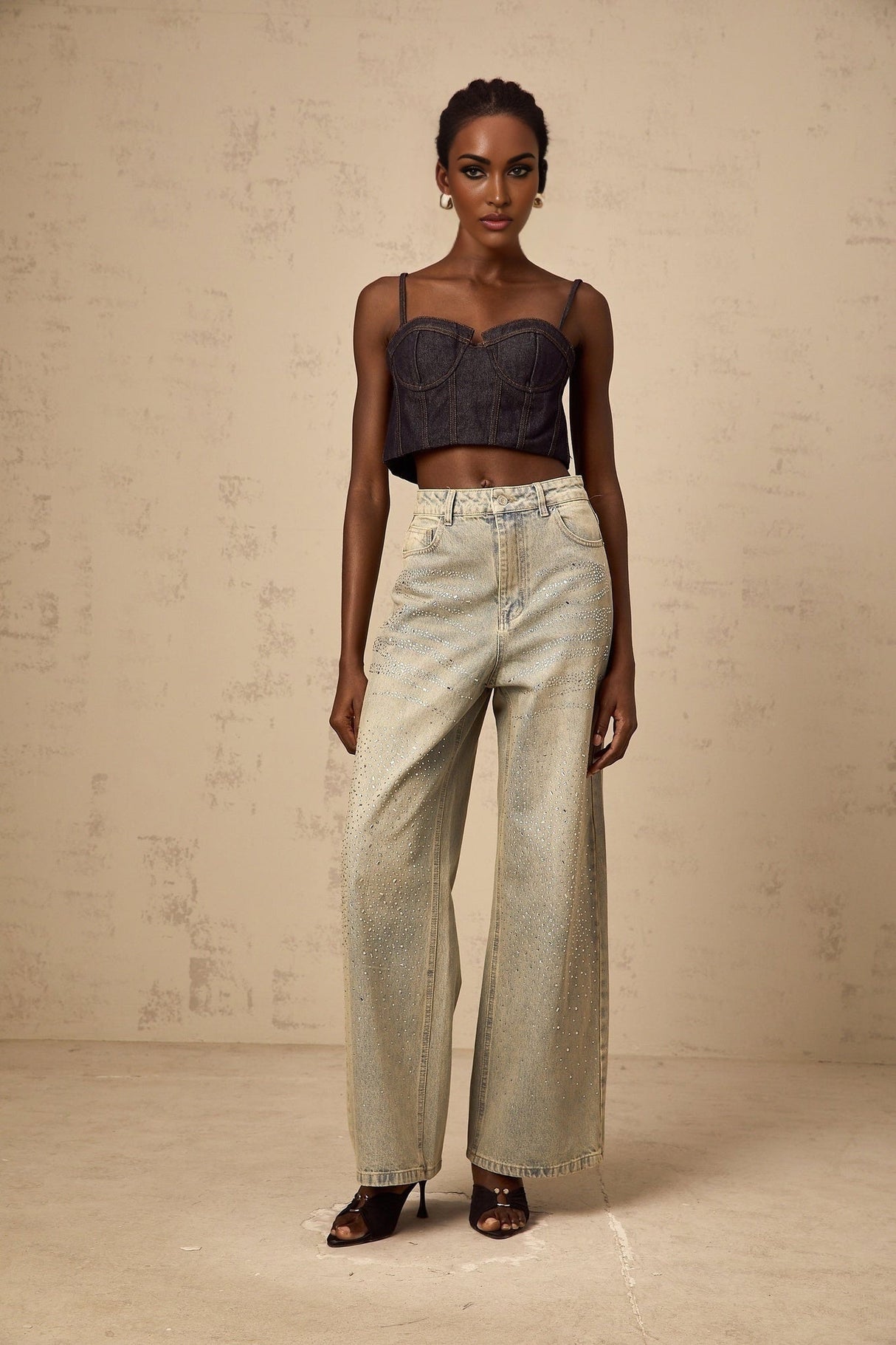 Teresa Denim Jeans Light Blue Rhinestone Wide Leg