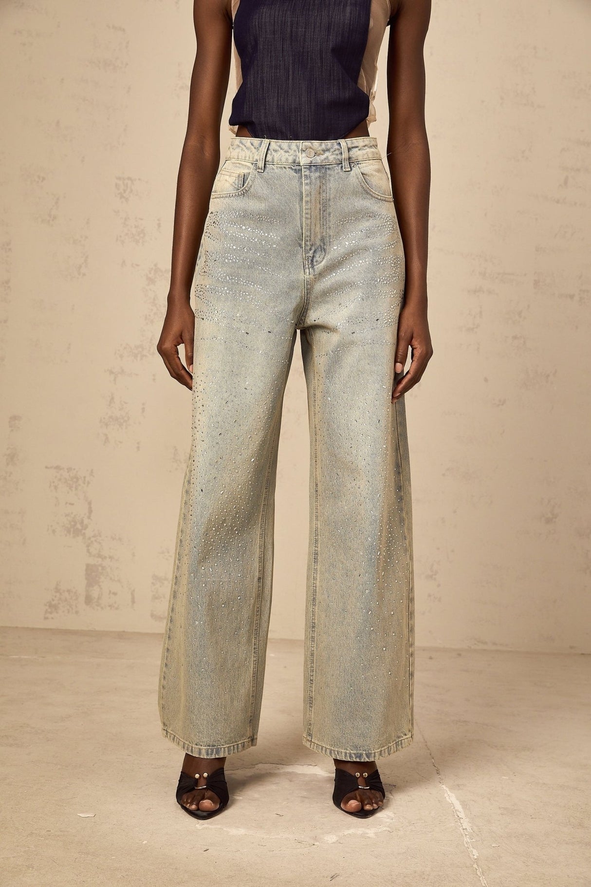 Teresa Denim Jeans Light Blue Rhinestone Wide Leg
