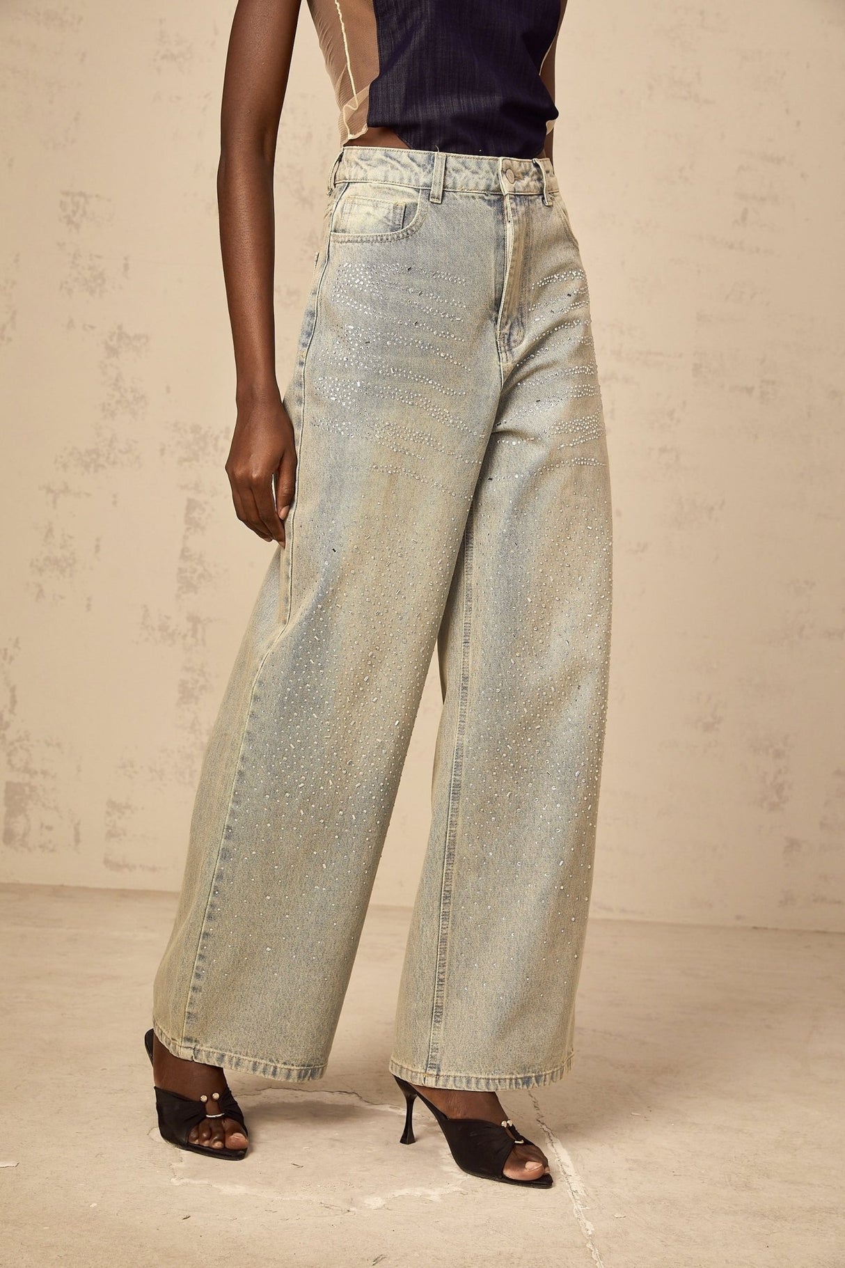 Teresa Denim Jeans Light Blue Rhinestone Wide Leg