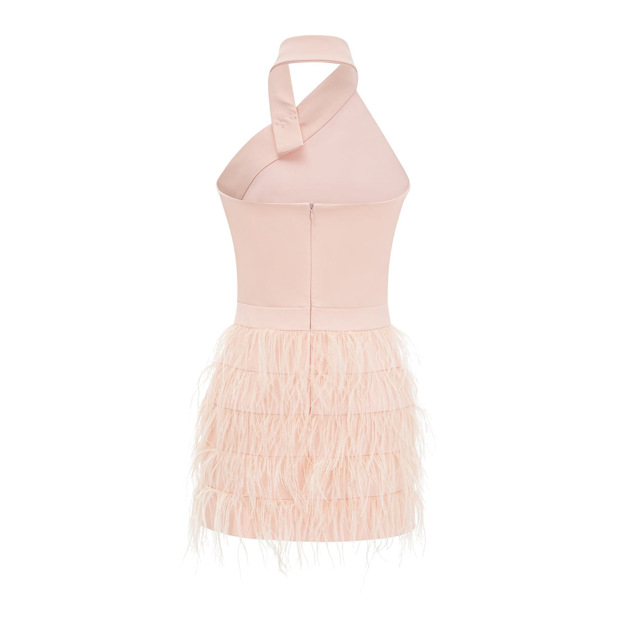 Teresa Dress Pink Feather Tassel Halter - neck Thigh Length Zip Fastening