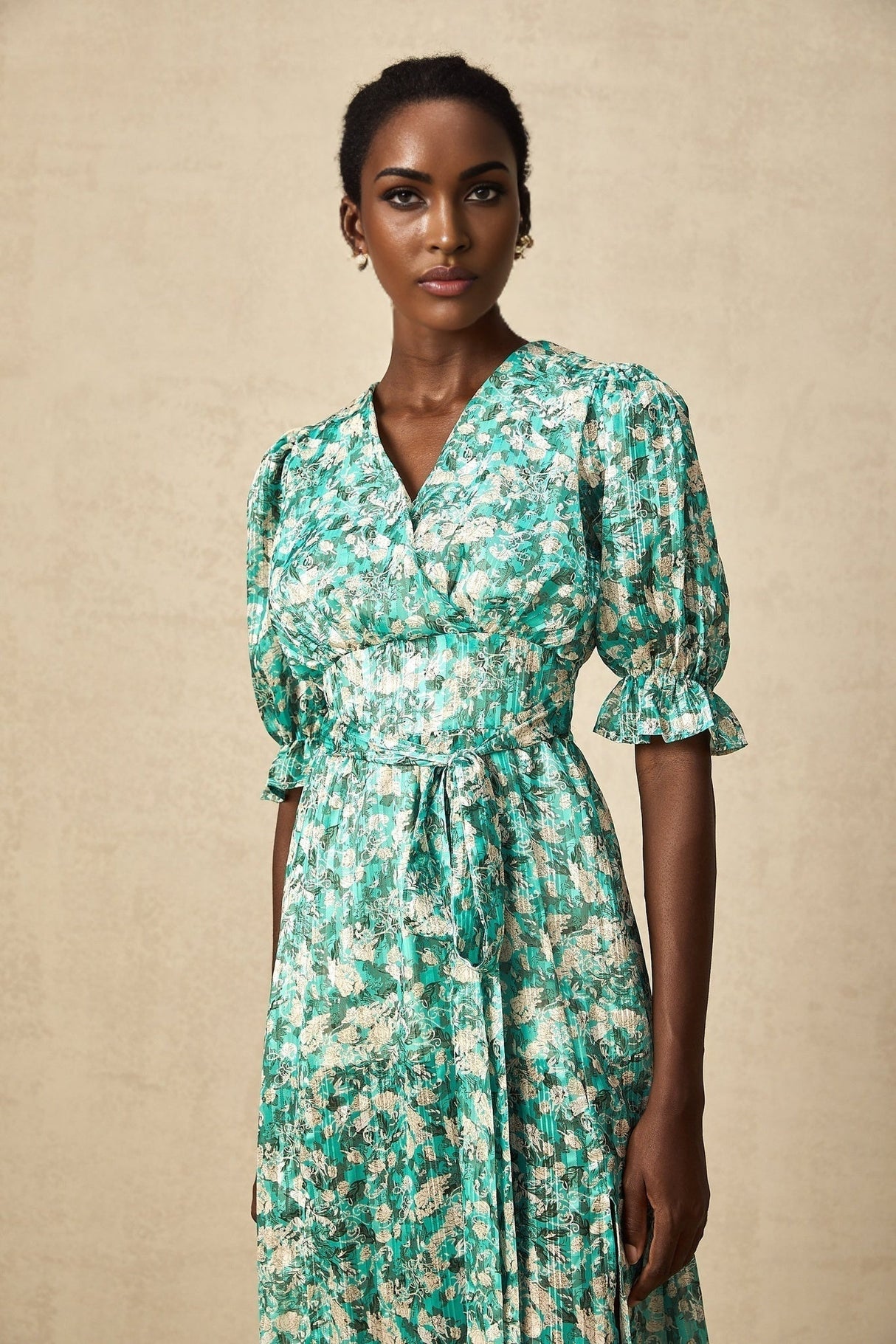 Teresa Floral Midi Dress in Vibrant Green with High Slit & Ruffled Detailing