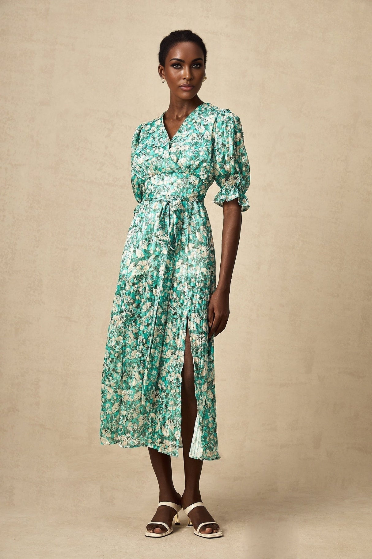 Teresa Floral Midi Dress in Vibrant Green with High Slit & Ruffled Detailing