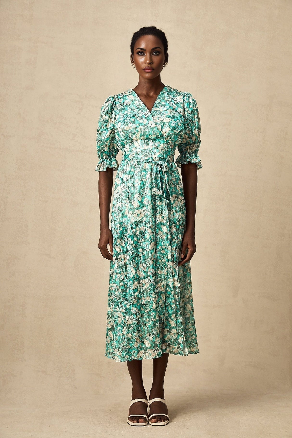 Teresa Floral Midi Dress in Vibrant Green with High Slit & Ruffled Detailing