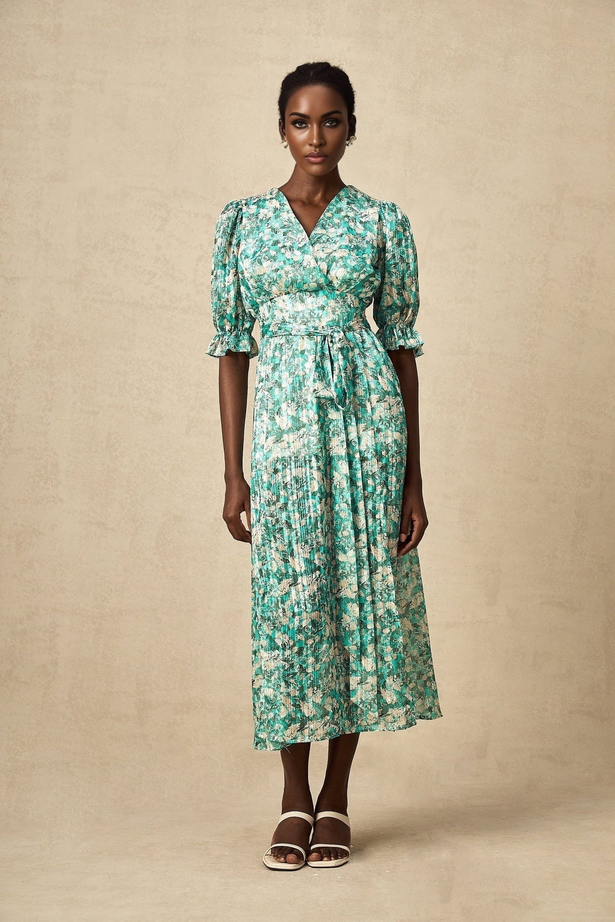 Teresa Floral Midi Dress in Vibrant Green with High Slit & Ruffled Detailing