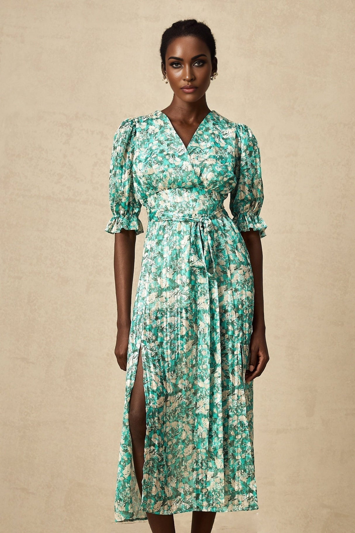 Teresa Floral Midi Dress in Vibrant Green with High Slit & Ruffled Detailing