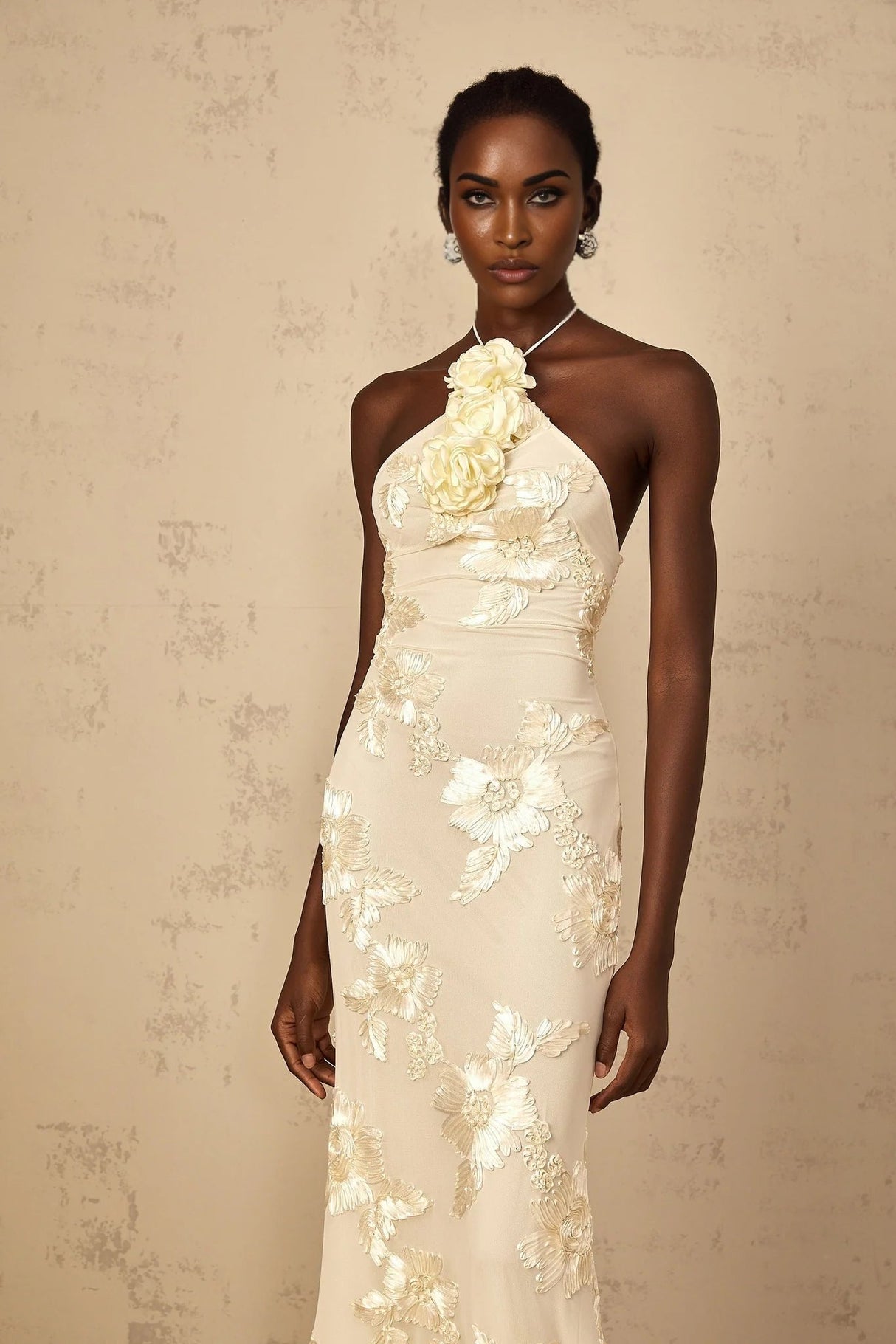 Teresa Maxi Dress Embroidered Floral Halter - neck & Open Back