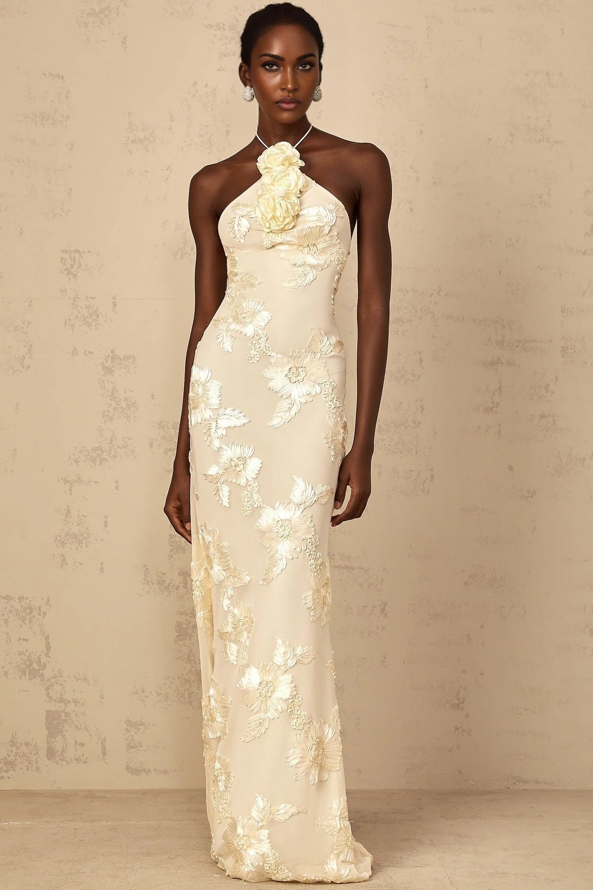 Teresa Maxi Dress Embroidered Floral Halter - neck & Open Back