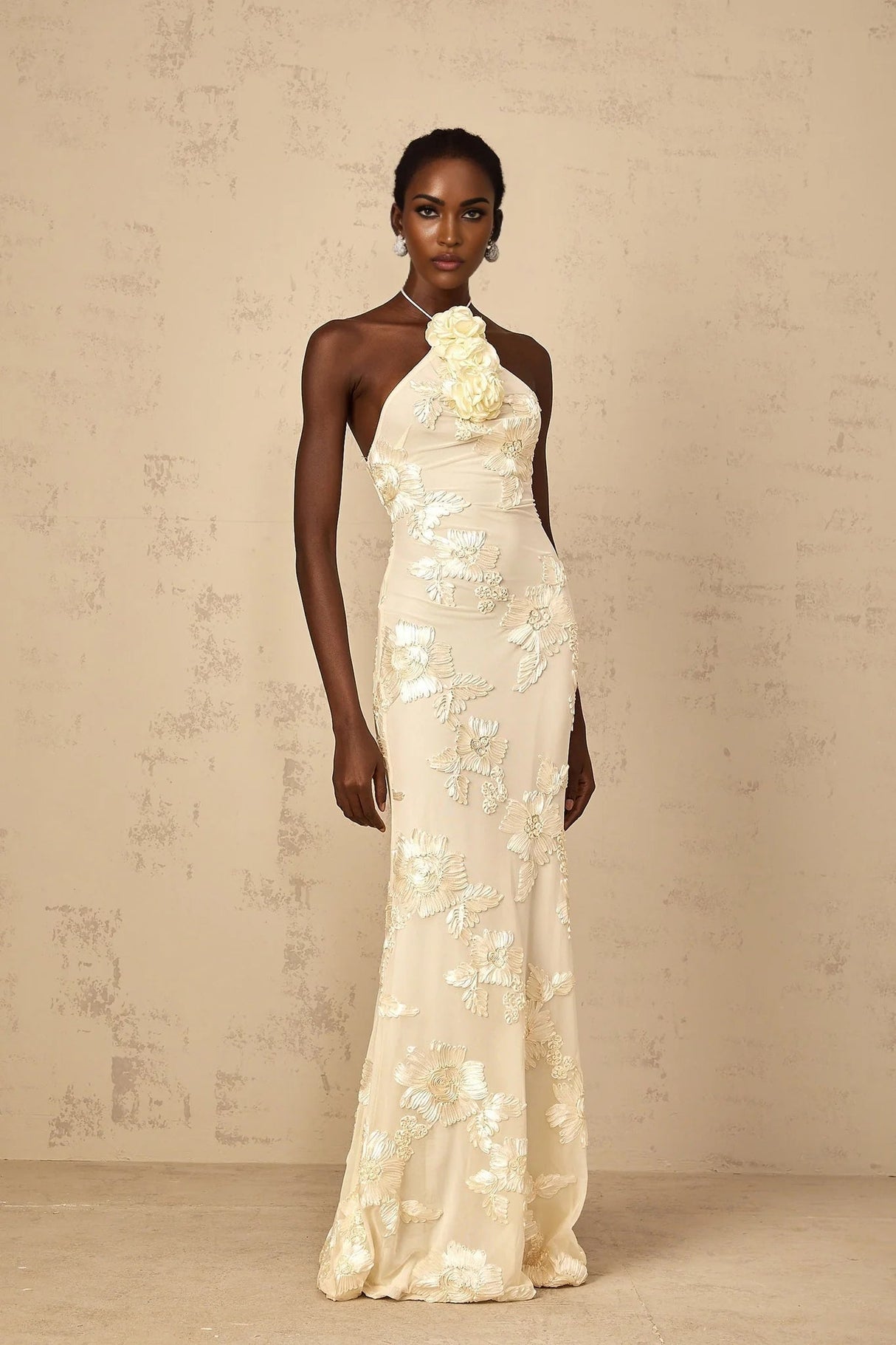 Teresa Maxi Dress Embroidered Floral Halter - neck & Open Back