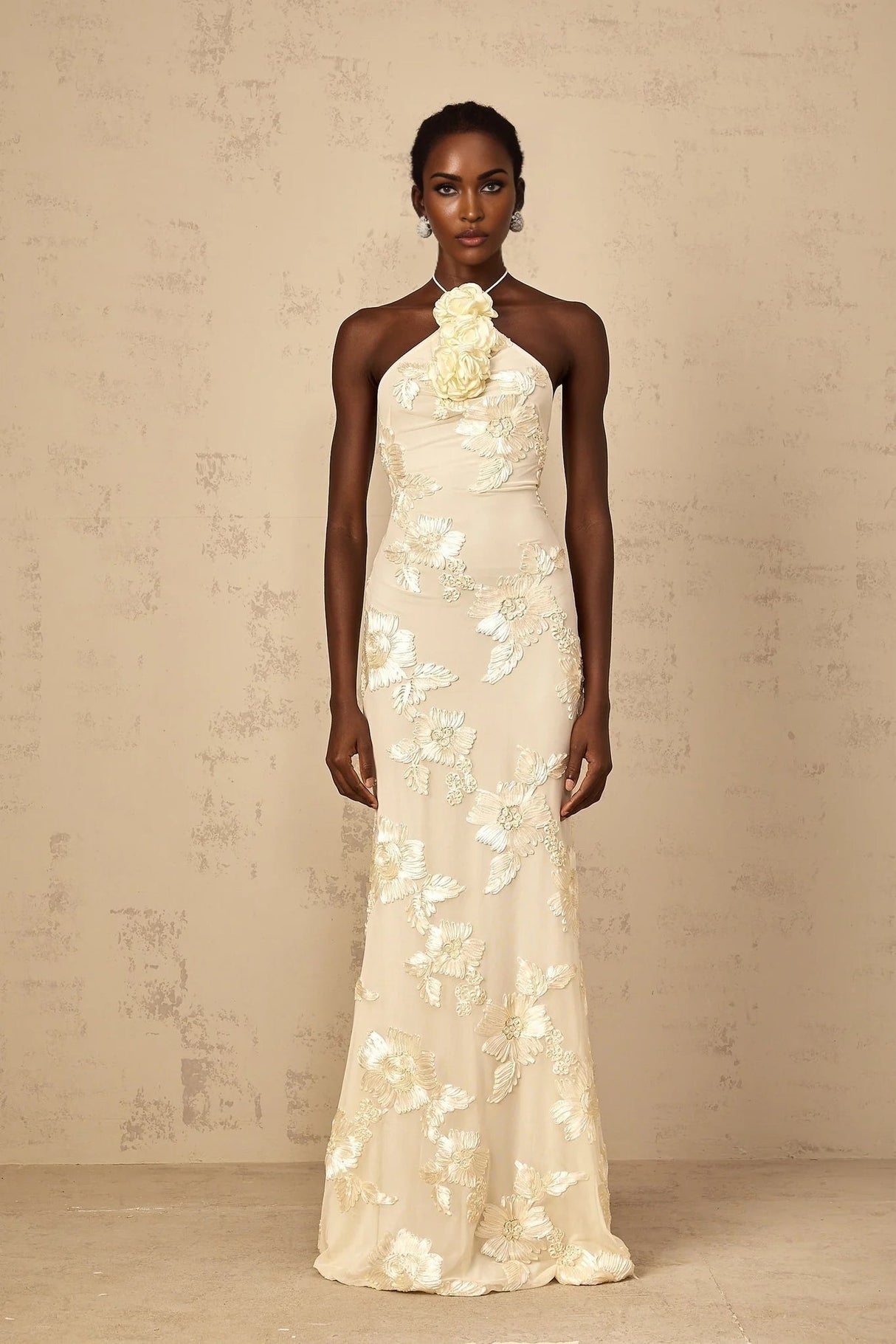 Teresa Maxi Dress Embroidered Floral Halter - neck & Open Back