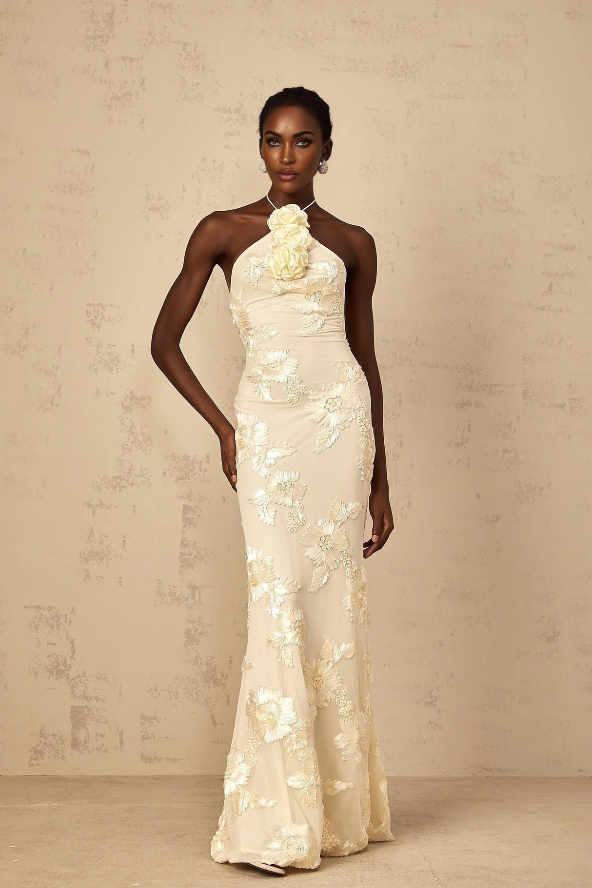 Teresa Maxi Dress Embroidered Floral Halter - neck & Open Back