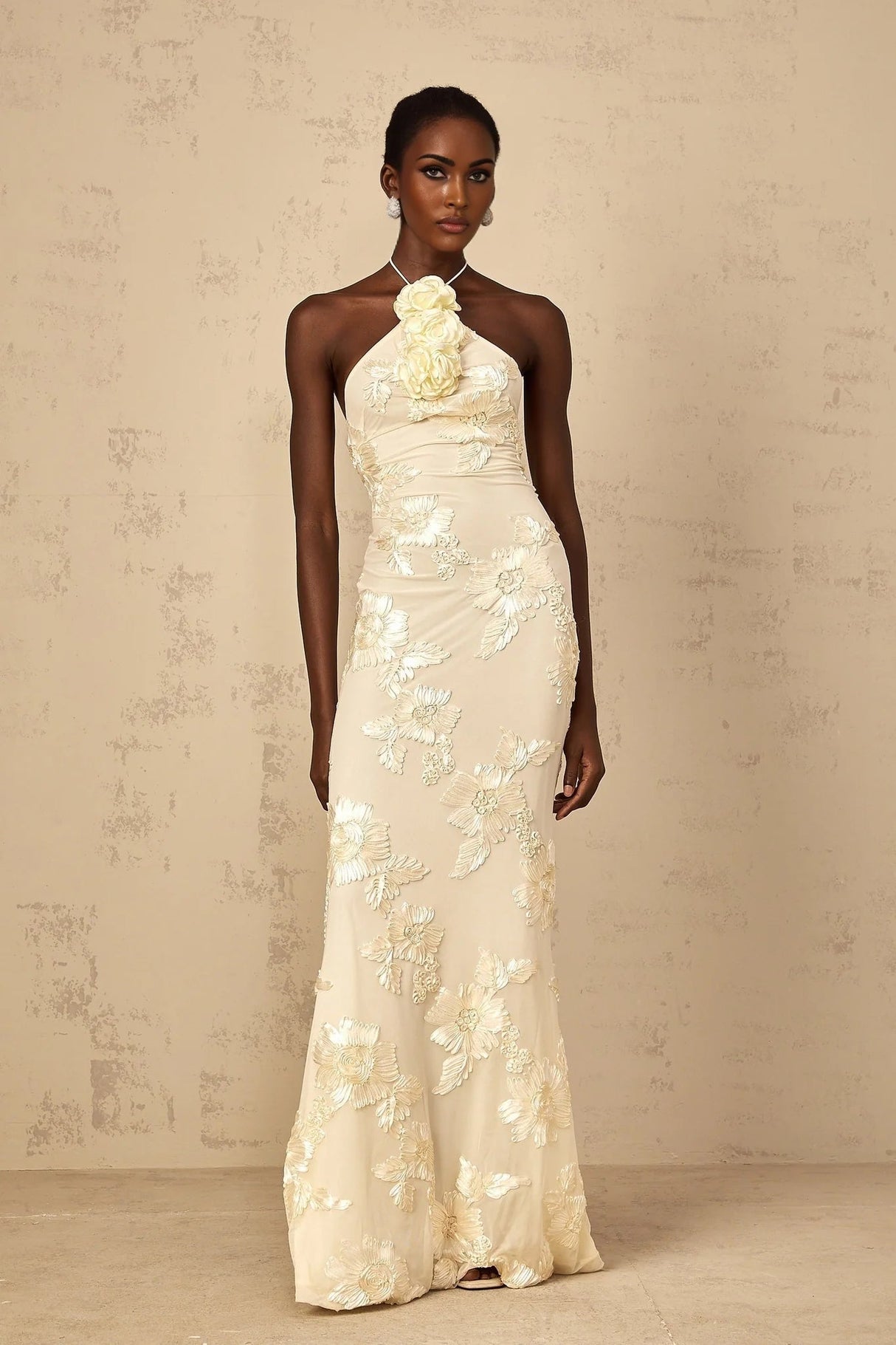 Teresa Maxi Dress Embroidered Floral Halter - neck & Open Back