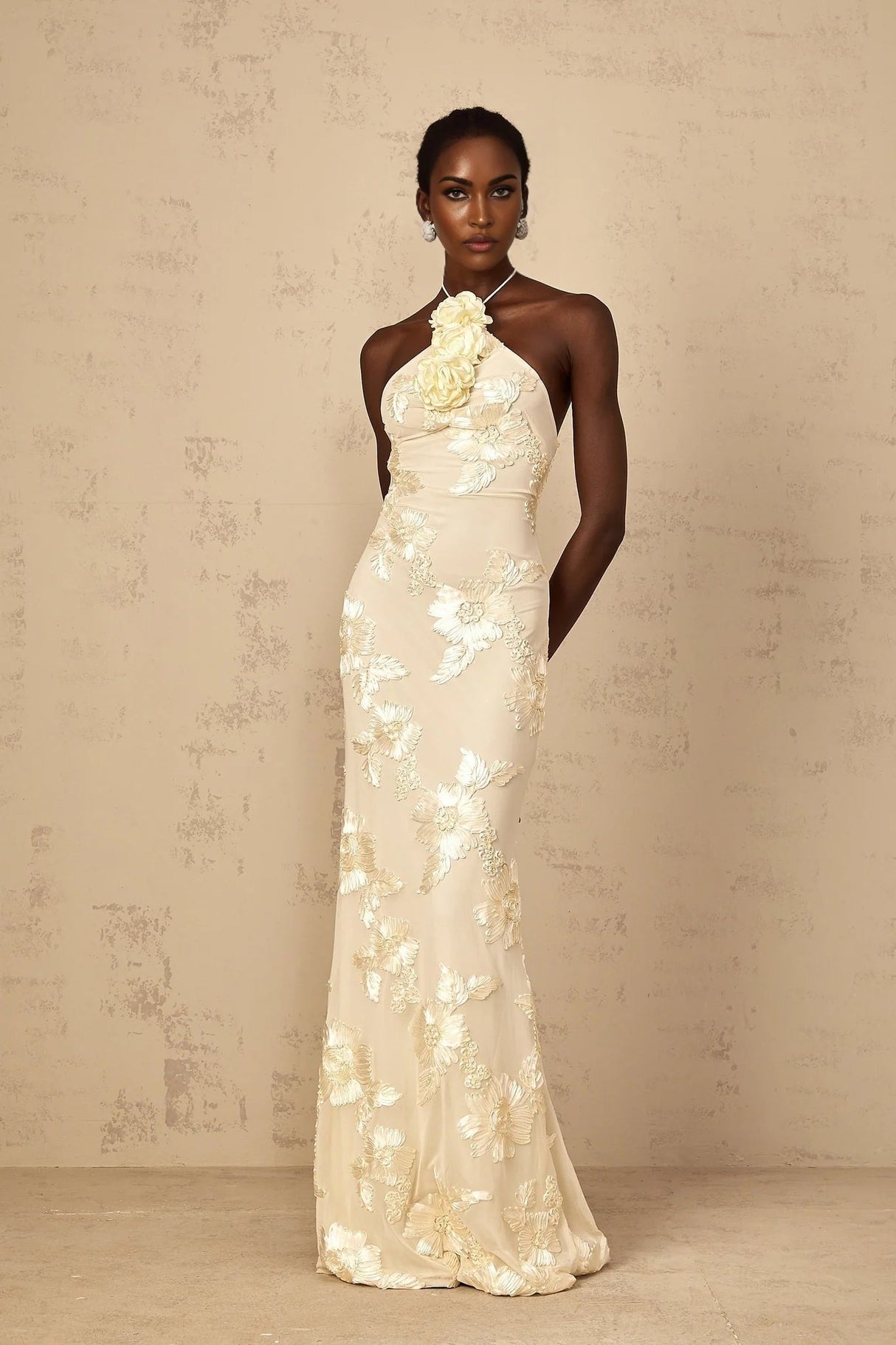 Teresa Maxi Dress Embroidered Floral Halter - neck & Open Back