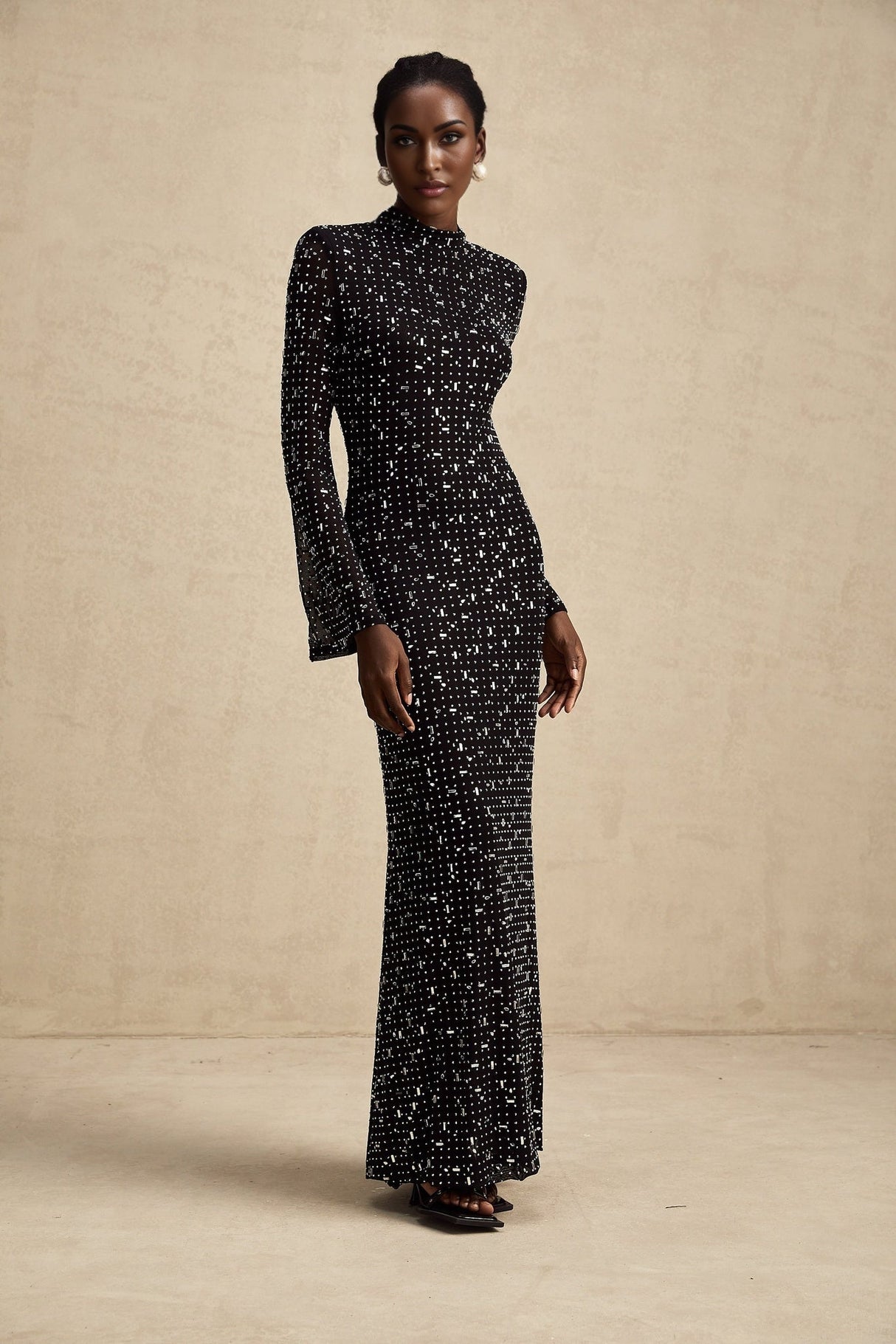 Teresa Maxi Dress in Classic Black with Crystal Embellishments & Flared Cuffs