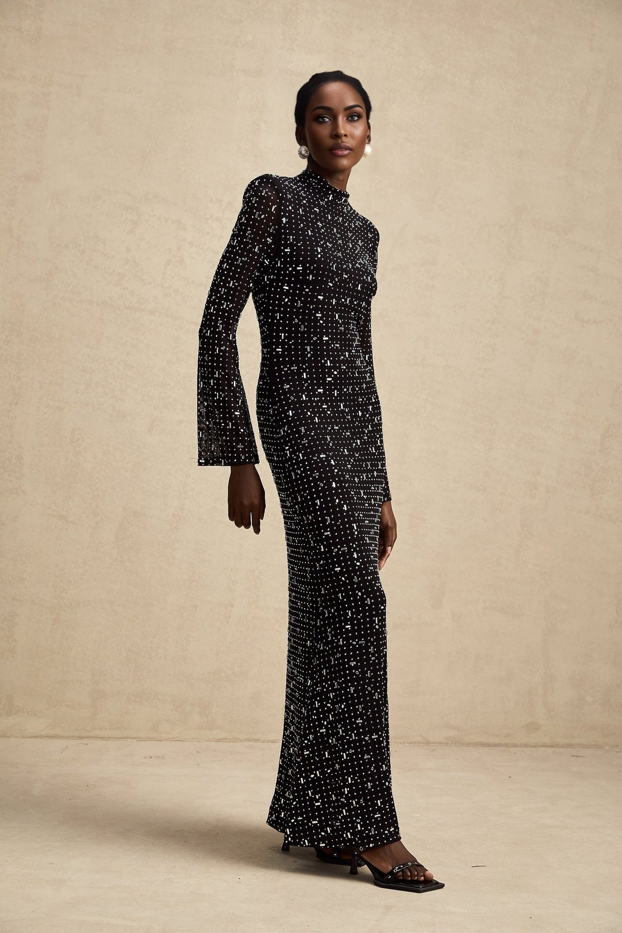 Teresa Maxi Dress in Classic Black with Crystal Embellishments & Flared Cuffs