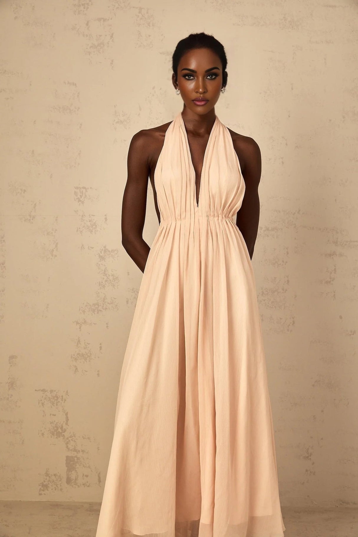 Teresa Maxi Dress Peach Pink Halter - neck Shirred Tulle Open Back