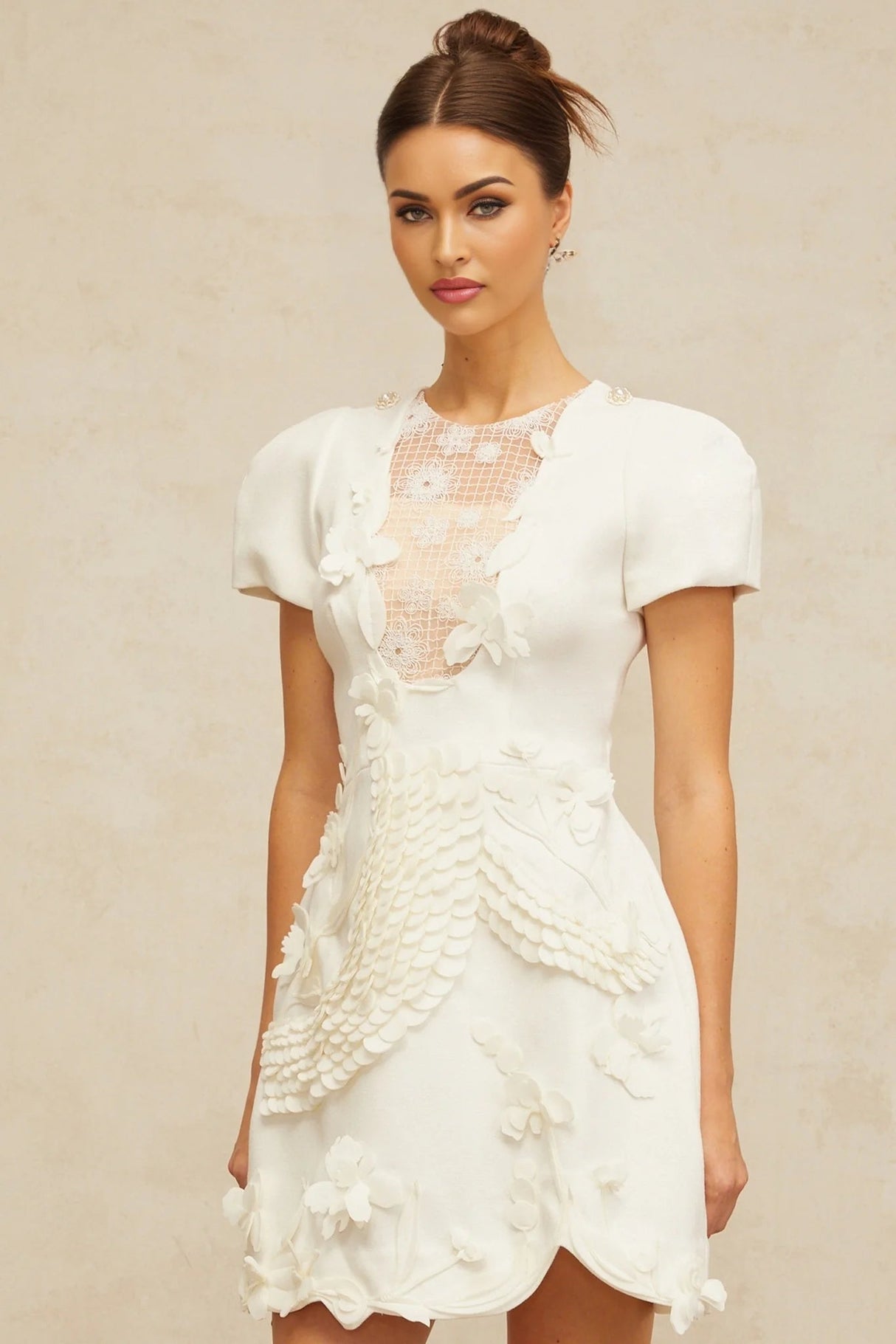 Teresa Mini Dress White Floral - Applique Puff