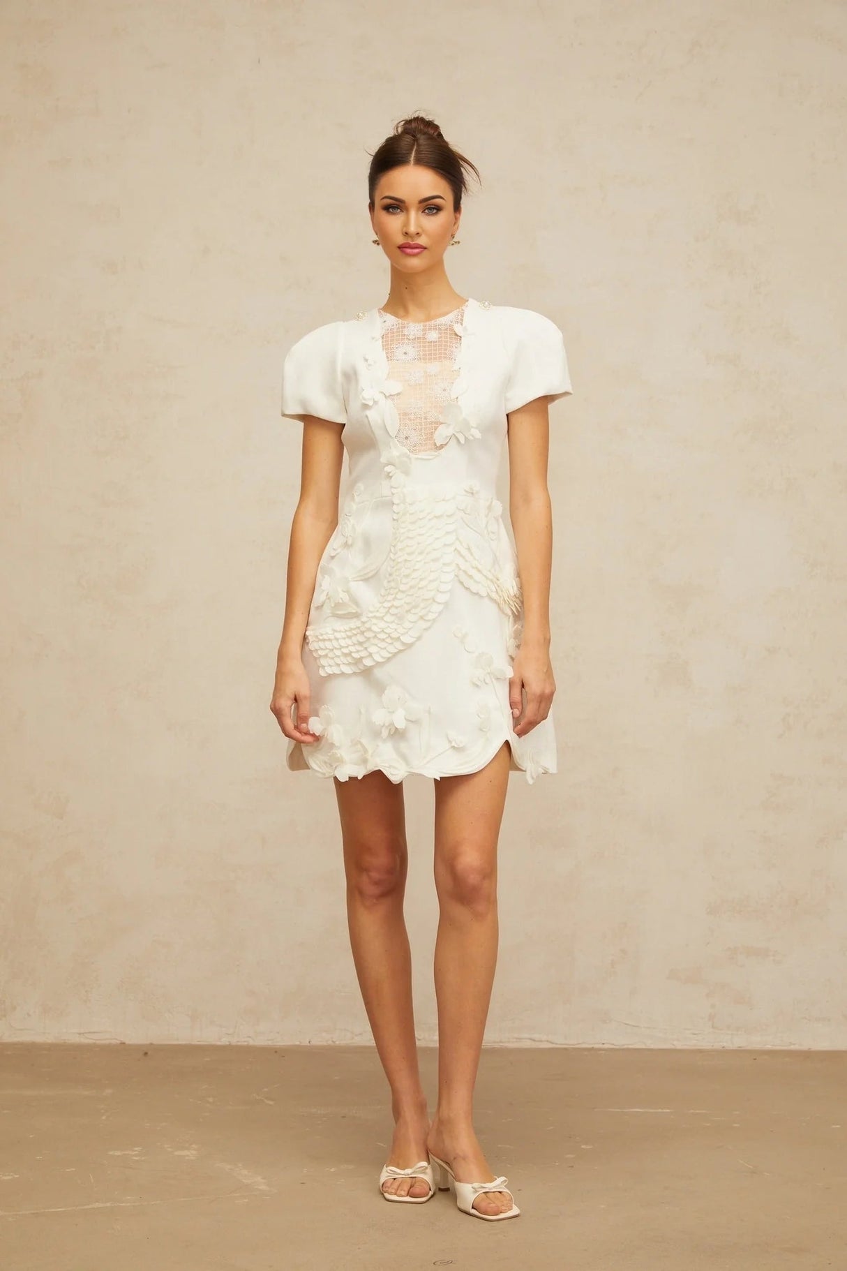 Teresa Mini Dress White Floral - Applique Puff