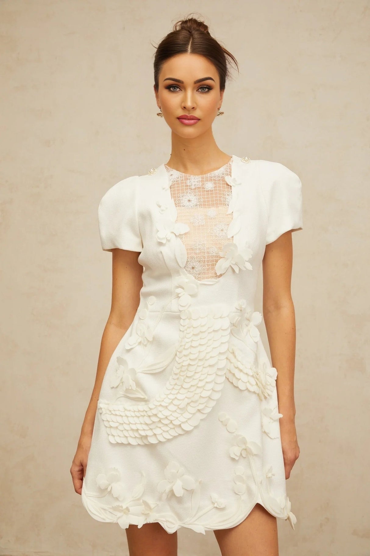 Teresa Mini Dress White Floral - Applique Puff